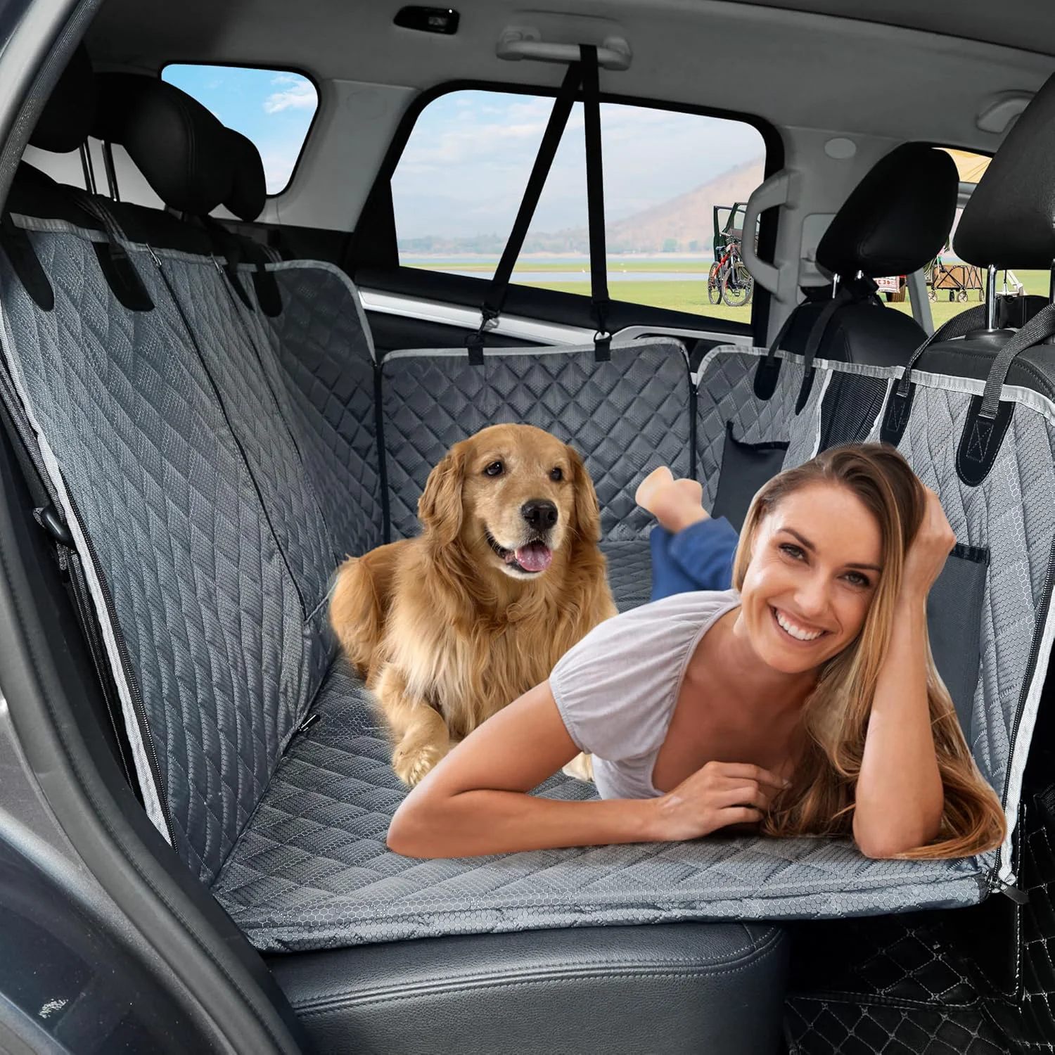 Environmentally Friendly Back Seat Extender for Dog Waterproof Hard Bottom Dog Car Seat Cover for Back Seat Protector Foldable Camping Pet Hammock Bed Easy Clean Travelling Accessories Car SUV Truck Gray Premium