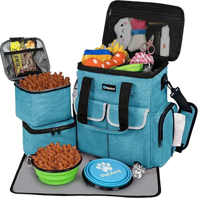 Casual PetAmi Dog Travel Bag Pet Supplies Accessories Organizer for Traveling Camping Weekend Cat Pet Travel Bag Kit Includes 2 Food Storage Containers 2 Collapsible Bowls 1 Feeding Mat Teal Blue About ThisOverview Refined
