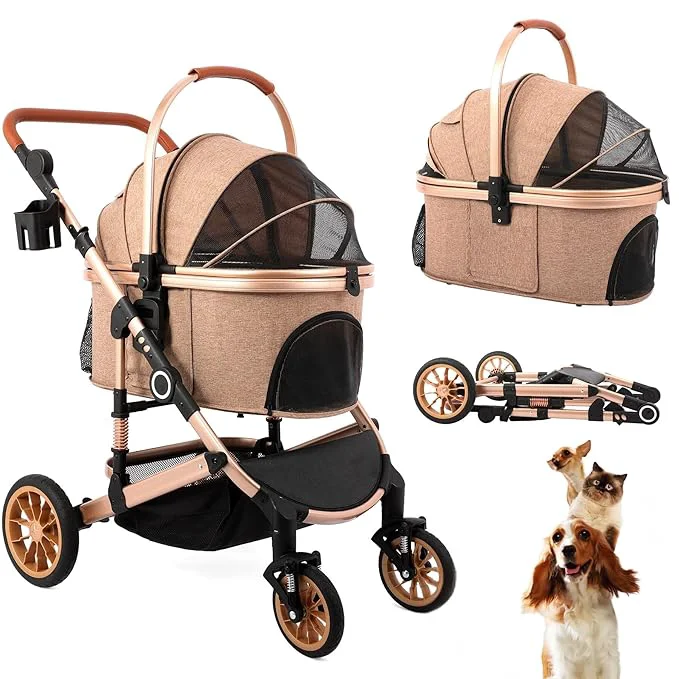 Luxury Pet Stroller with 4 Wheels Foldable Pet Travel Carrier for Small Medium Dogs Cats up to 50lbs Detachble Portable Pet Bag Storage Basket Car Seat 3 in 1 Multifunctional Tan About ThisOverview Minimalist