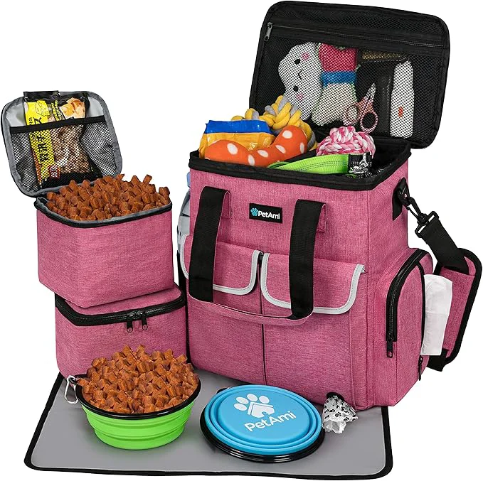 Top-Quality PetAmi Dog Travel Bag Pet Supplies Accessories Organizer for Traveling Camping Weekend Cat Pet Travel Bag Kit Includes 2 Food Storage Containers 2 Collapsible Bowls 1 Feeding Mat Pink About ThisOverview Consistent