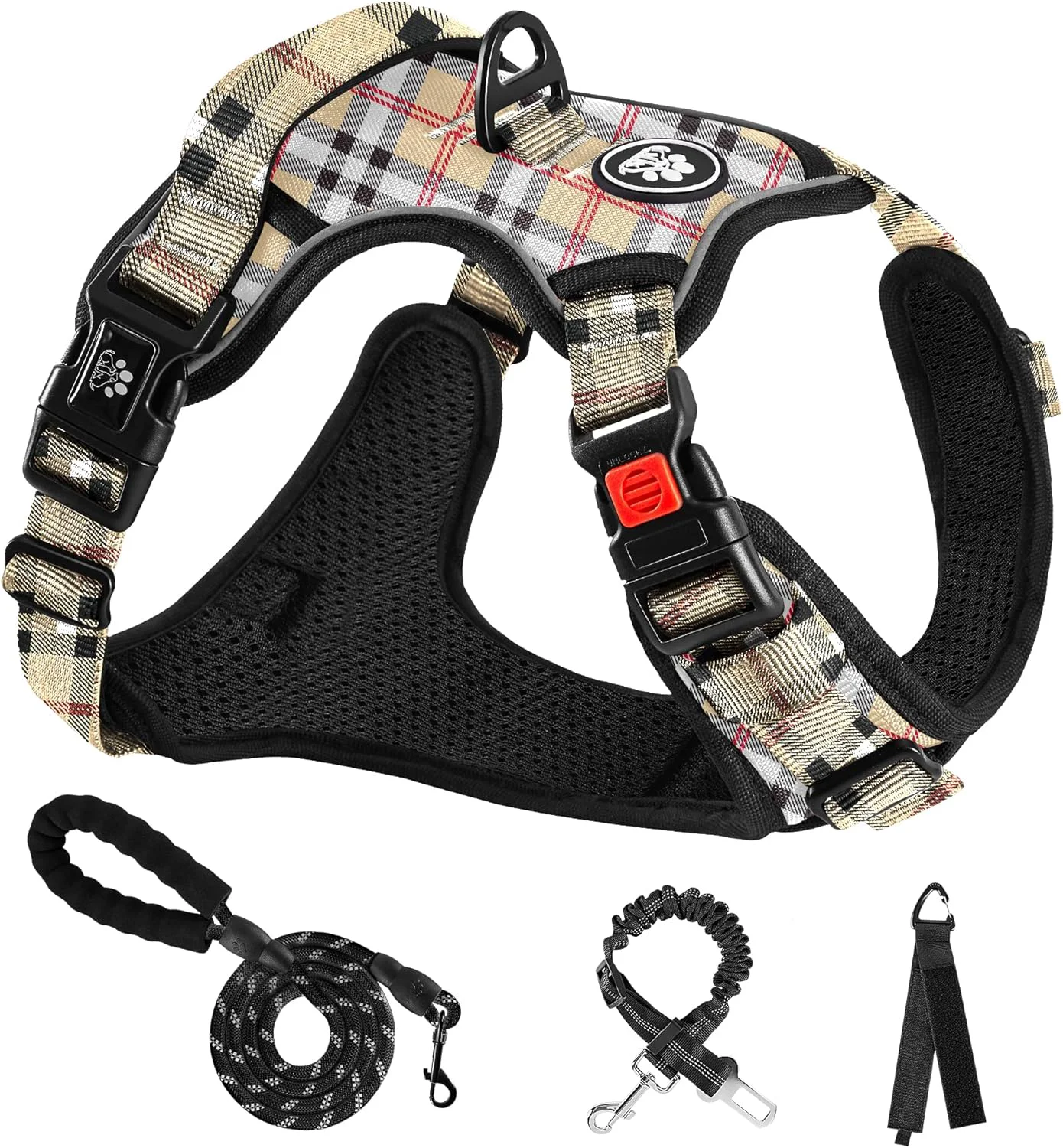 Safe NESTROAD No Pull Dog Harness with Leash Reflective No Choke Pet Vest Harness Adjustable Soft Padded Dog Harness with Easy Control Handle for Medium Dogs Checkered Beige Medium Innovative