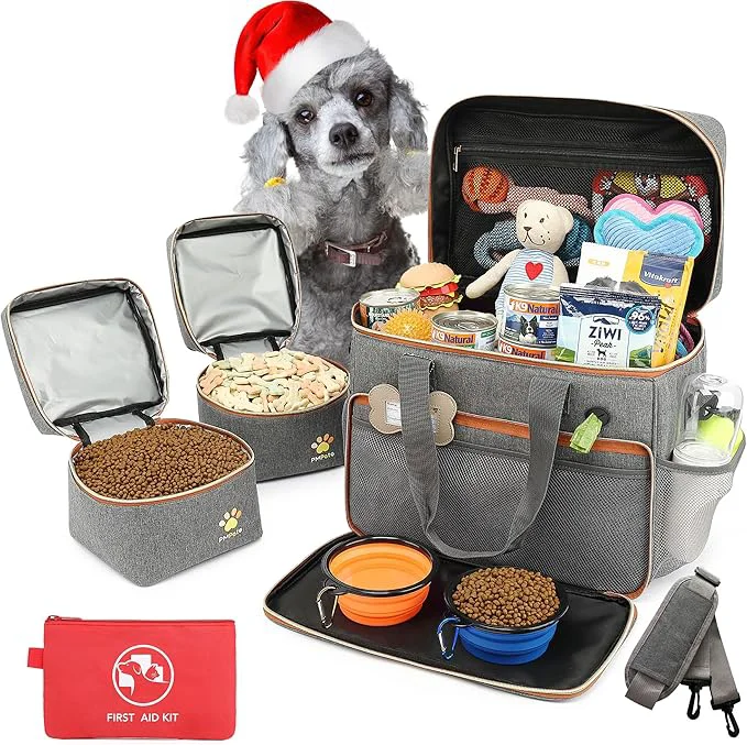 Functional Dog Travel Bag for Traveling Week Away Overnight Dog Travel Accessories with Multi-Function Pockets Travel Set for Dogs and Cats I Pet Diaper Bag and Pet Gift Kit Grey About ThisOverview Environmentally Friendly
