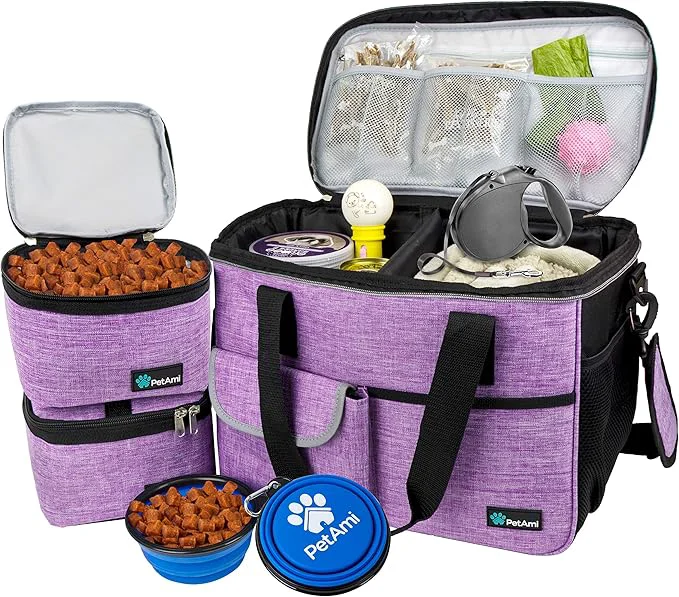 Quality PetAmi Dog Travel Bag – Travel Pet Organizer with Food Container and Bowls for Weekend Camping Cat Diaper Bag Purple Medium About This Original