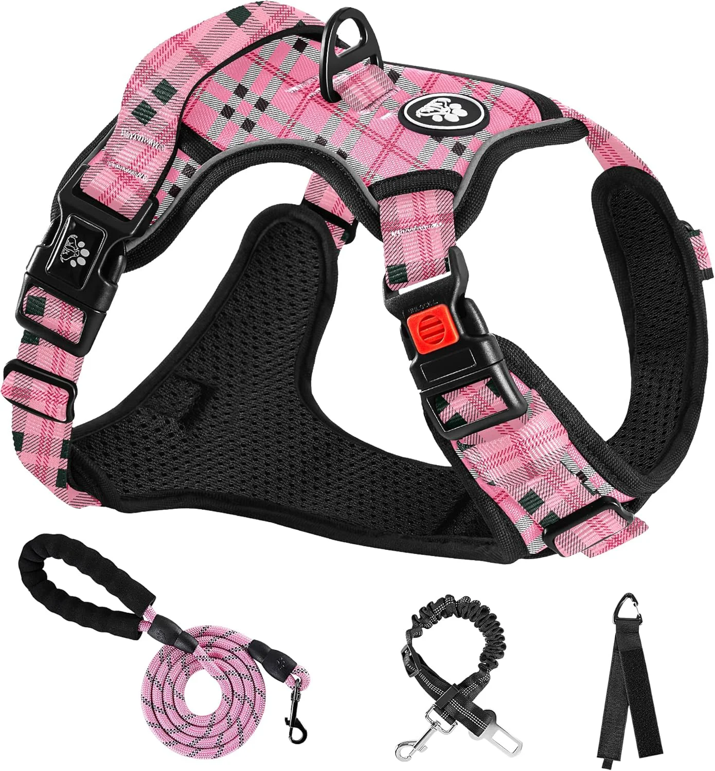 Recyclable NESTROAD No Pull Dog Harness with Leash Reflective No Choke Pet Vest Harness Adjustable Soft Padded Dog Harness with Easy Control Handle for Large Dogs Checkered Pink Large Solid