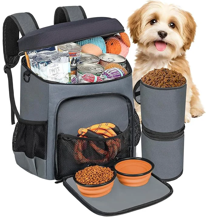 Convenient ANILD Dog Travel Backpack – Airline Double-layer Pet Travel Bag Accessories with 2 Food Storage Bag and 2 Foldable Silicone Bowls for Hiking CampingAbout This Practical