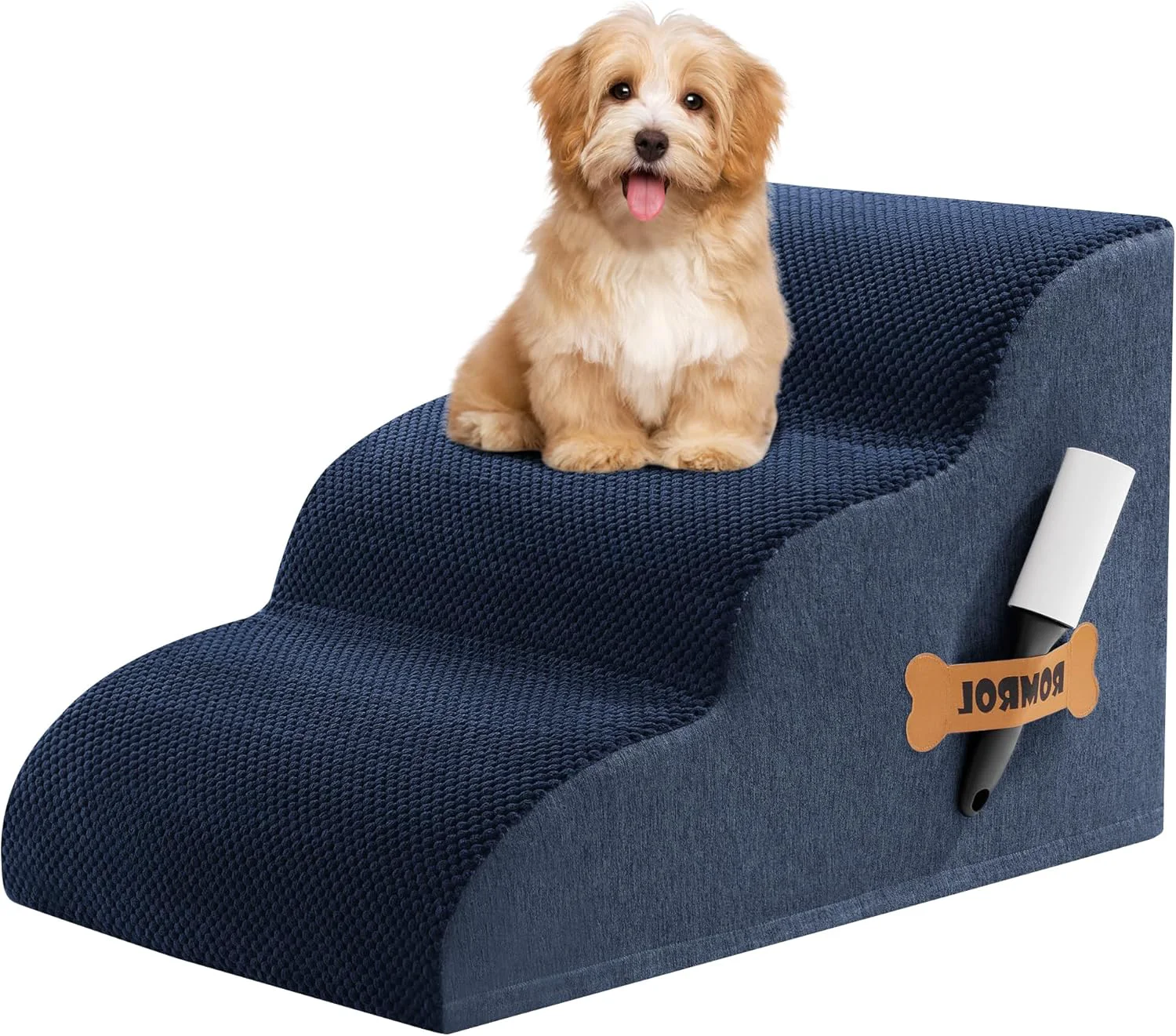Classic Romrol Dog Stairs Ramp for High Beds Couches High Density Foam Pet Steps with Durable Non-Slip Waterproof Fabric Cover Dog Stairs for Small Dogs or Cats or Pets 3-Step 15 Inch Navy Comfortable