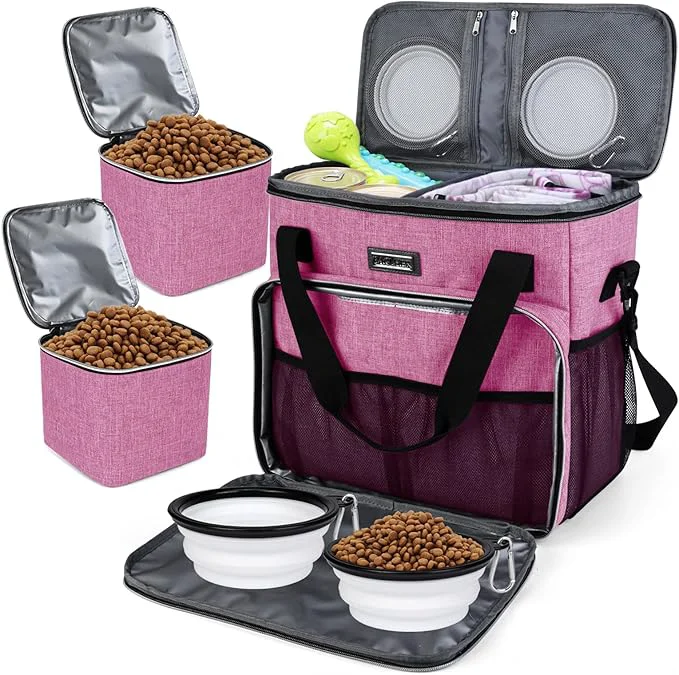 Effective BAGLHER Dog Travel Bag Pet Travel Bag ALL Pet Travel Supplies With 2 Pet Food Containers and 2 Collapsible Silicone Bowls Essential Kits for Pet Travel PinkAbout This Expertly Made