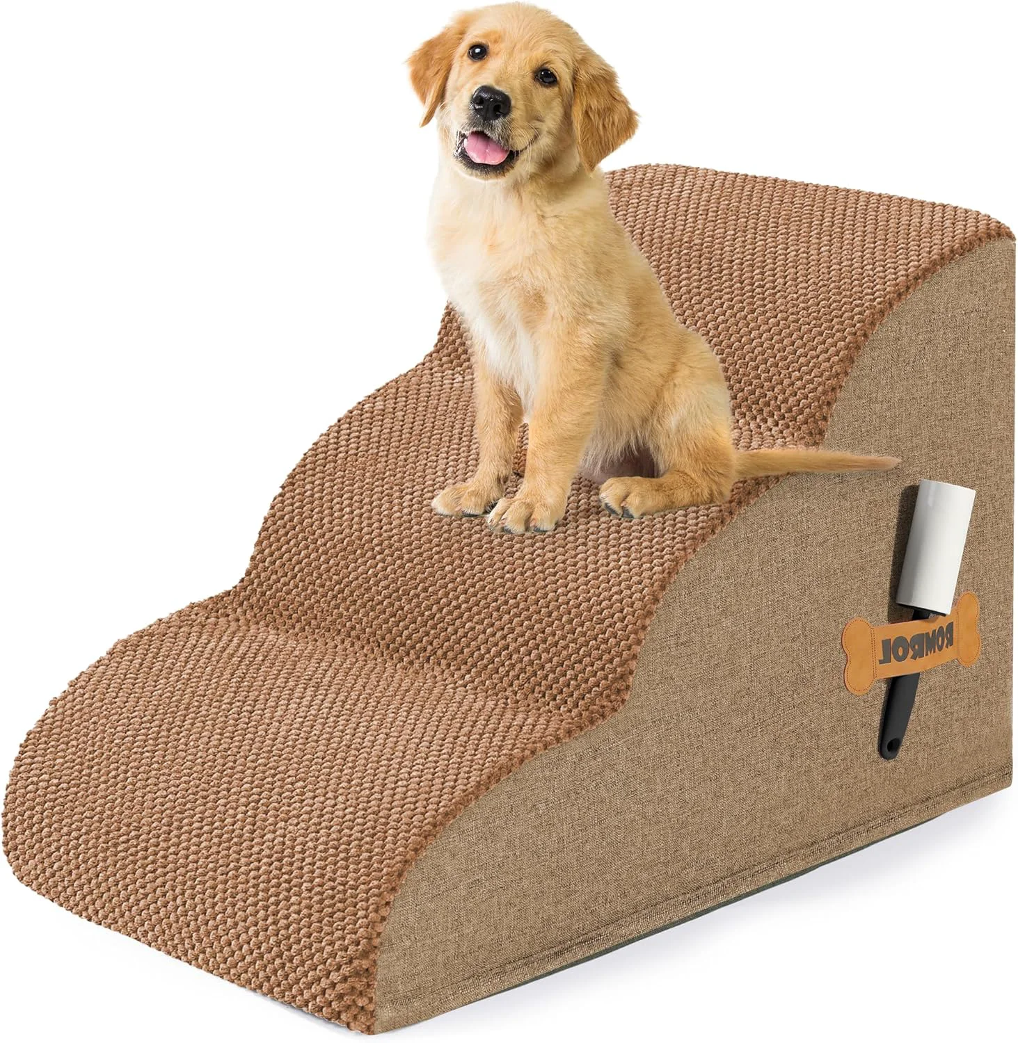 Organic Romrol Dog Stairs Ramp for High Beds Couches High Density Foam Pet Steps with Durable Non-Slip Waterproof Fabric Cover Dog Stairs for Small Dogs or Cats or Pets 3-Step 15 Inch Light Brown High-End