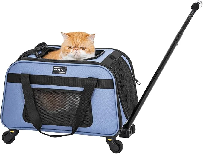 Modern Petsfit Pet Carrier with Wheels Rolling Cat Carrier for Small Cats Airline Pet Carrier with Telescopic Handle for Travelling Under 13lb BlueAbout ThisOverview Functional