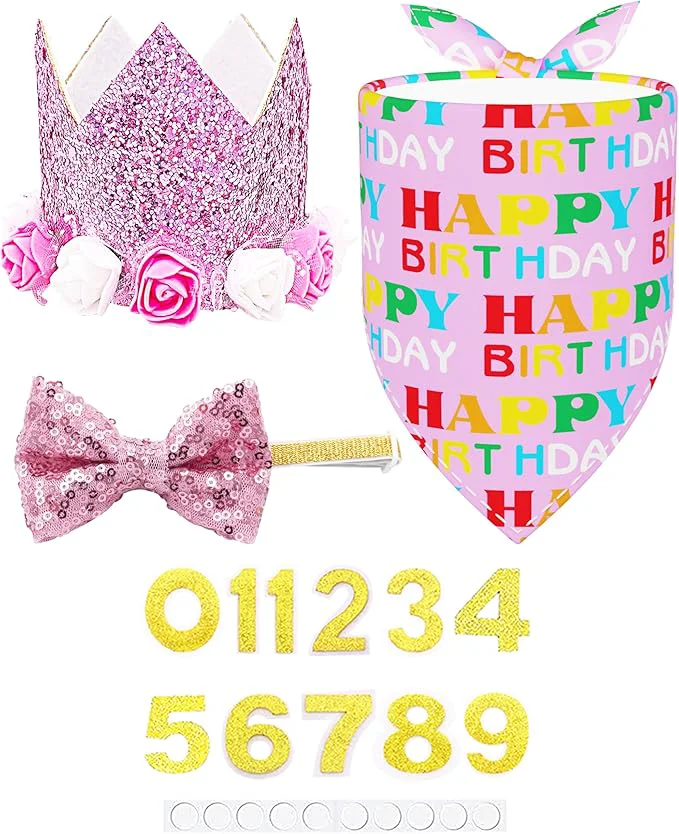 Green PET SHOW Pink Floral Hat Bandana Collar Bows Charms Set Innovative