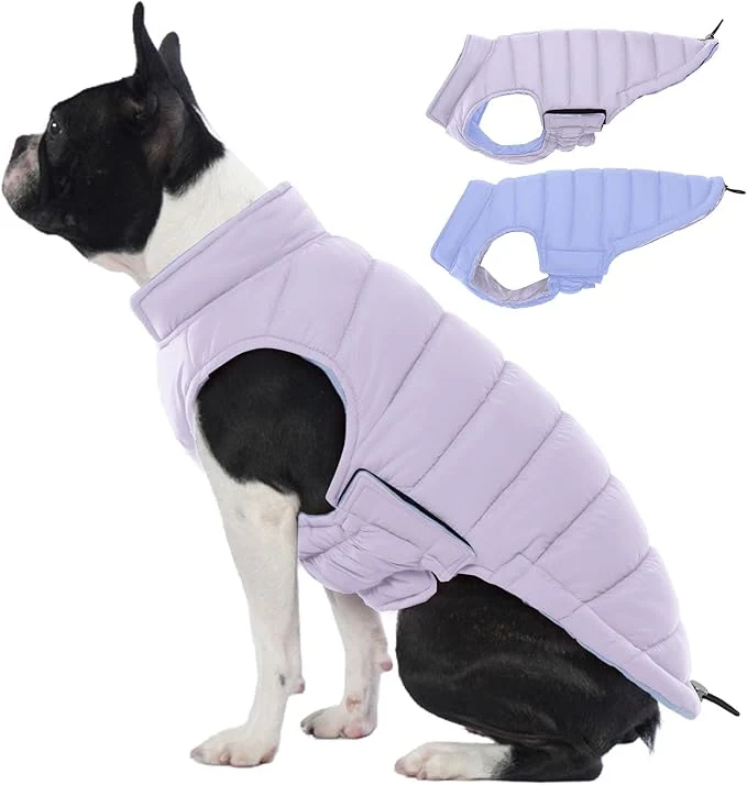 Elegant Lelepet Reversible Dog Coat Waterproof Dog Jacket Windproof Puffer Vest for Winter Warm Lightweight Coats for Small Dogs Adjustbale Hook Loop Pet Apparel with Leash Hole Pug Purple MAbout ThisOverview High-Grade