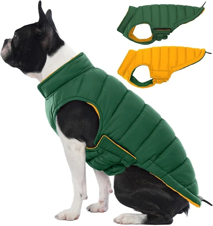 Detailed Lelepet Reversible Dog Coat Waterproof Dog Jacket Windproof Puffer Vest for Winter Warm Lightweight Coats for Small Dogs Adjustbale Hook Loop Pet Apparel with Leash Hole Chihuahua Green XSAbout ThisOverview Verified