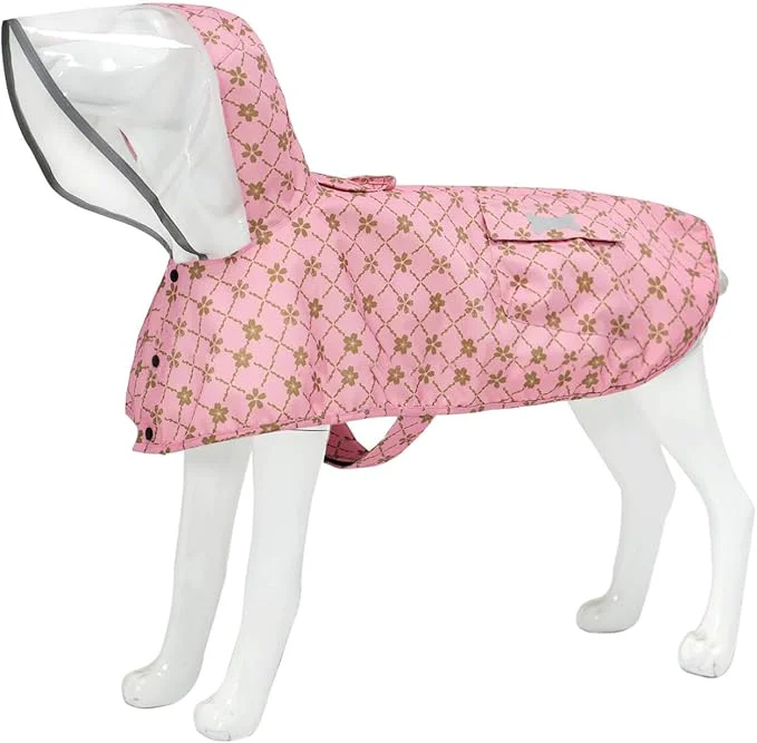 Easy-to-Use Waterproof Dog Raincoat Adjustable Reflective Lightweight Pet Rain Clothes with Poncho Hood Gold Cheery Blossoms Pink Large About ThisOverview Unique