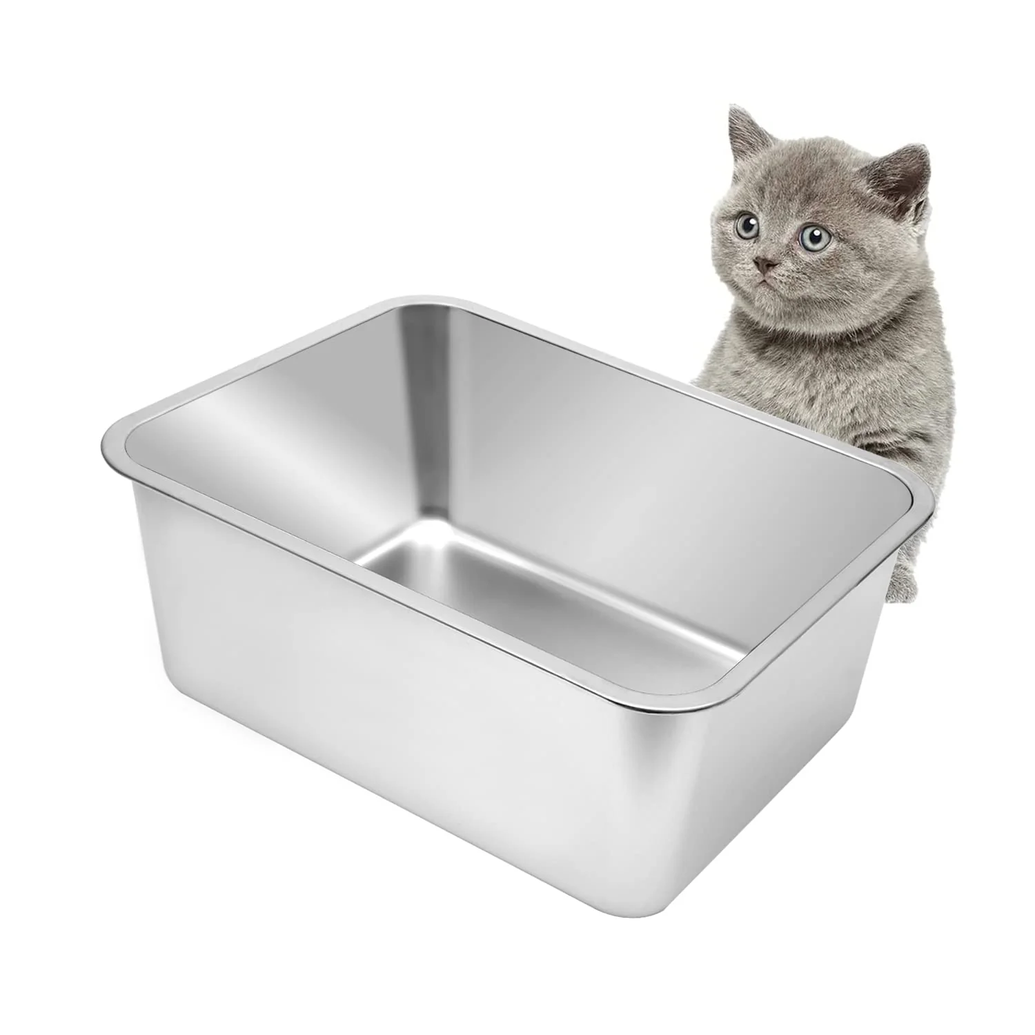 Stylish Kichwit Large Stainless Steel Cat Litter Box with High Sides Fine Crafted