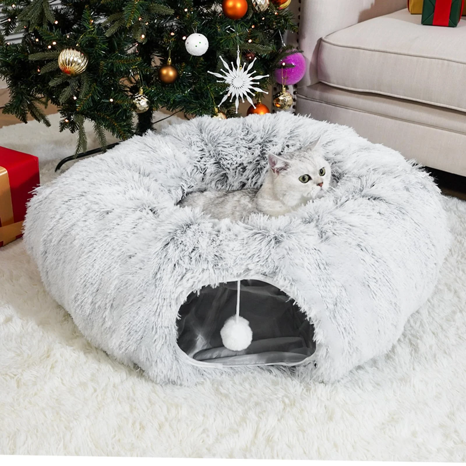 Minimalist LVUVXVAV Cat Tunnel Bed – Donut Tunnel Christmas Tree Skirt Gray Advanced