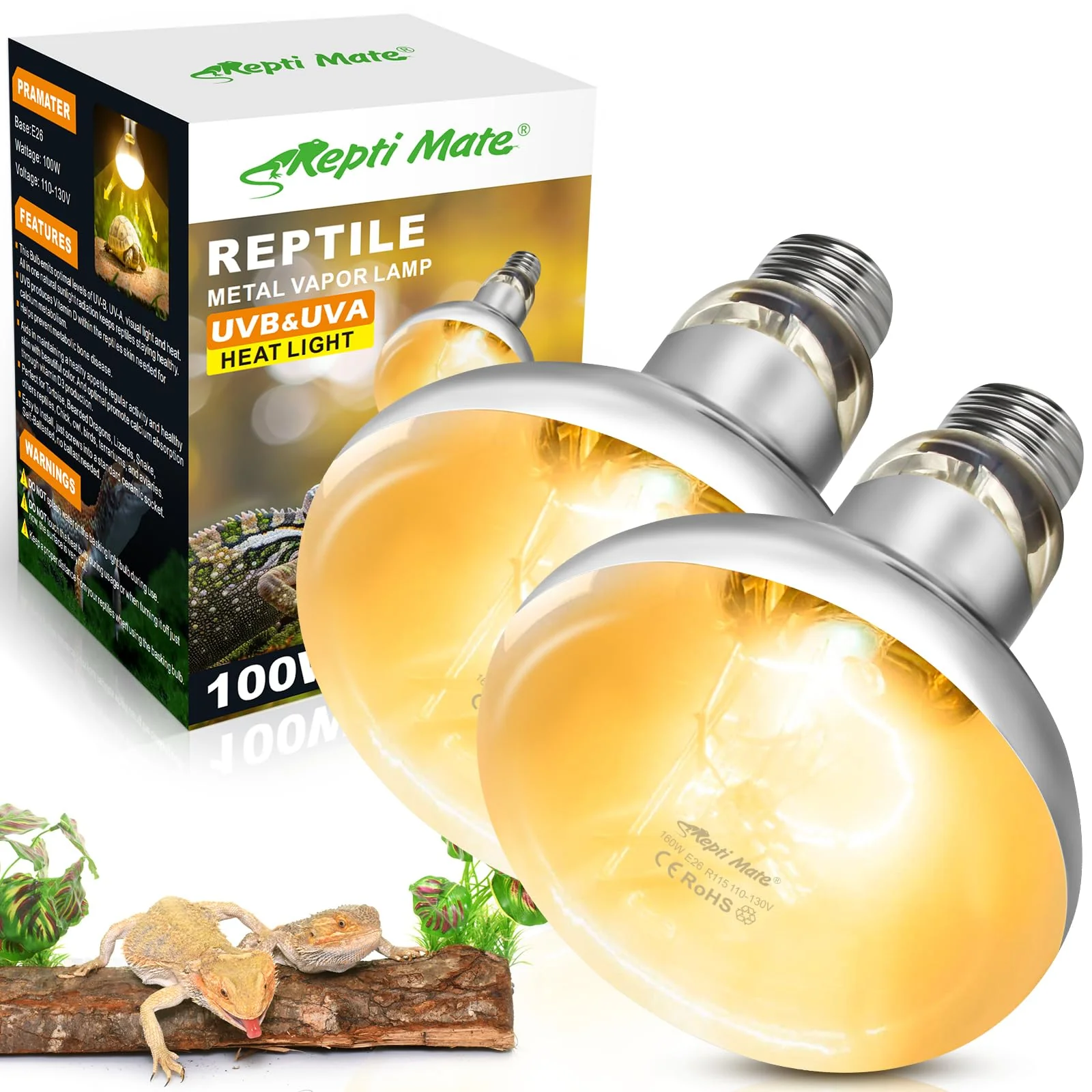 Reliable REPTI MATE 2 Pack 100W Reptile Heat Lamp Bulbs – Full Spectrum UVA UVB Basking Light Verified