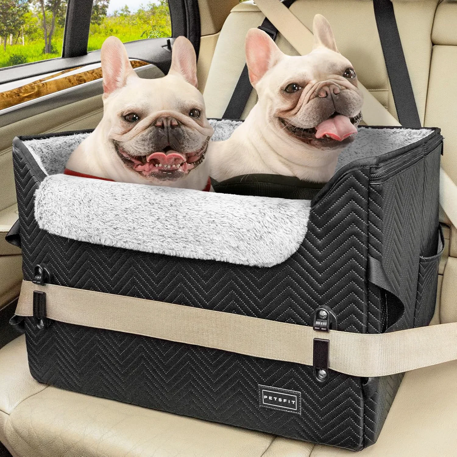 Fast PETSFIT Dog Car Seat Medium Sized Dog Waterproof PU Leather Dog Seat for Car with Patented Safe Buckles 2 Clip-On Safety Leashes Suitable for 2 Small Dogs Medium Black Traditional