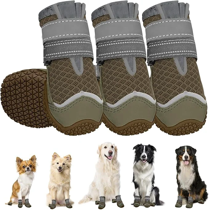 Reusable SlowTon Dog Shoes for Large Small Medium Dogs – Breathable Dog Boots for Summer Hot Pavement Paw Protector for Outdoor Walking Winter Snow Anti-Slip Rubber Dog Booties for Hardwood Floor Brown 0 About ThisOverview Crafted