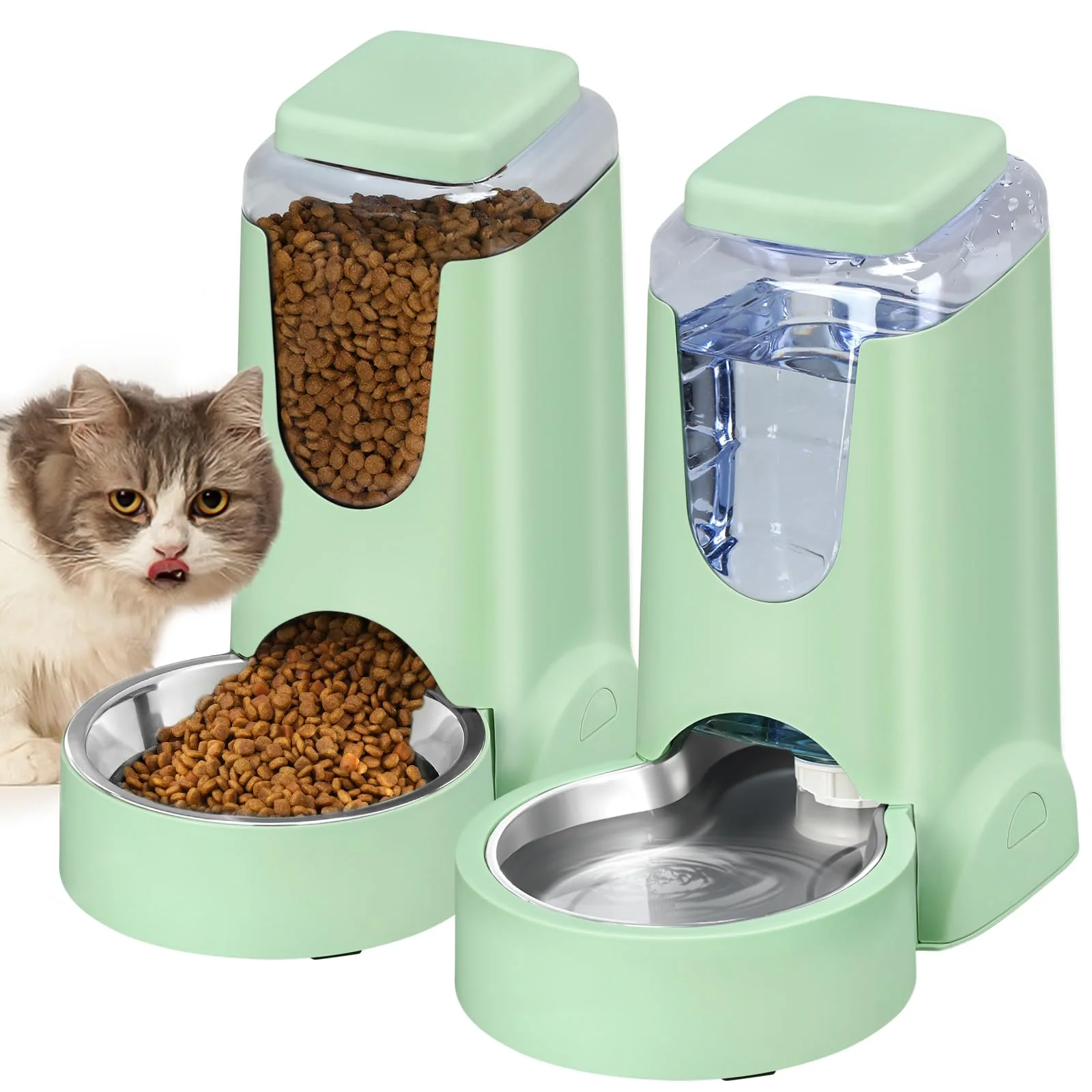 High-Grade HWONMTE Automatic Cat Feeder and Water Dispenser – Stainless Steel Bowl Gravity Feeder Waterer for Small to Medium Pets 1 Gallon x 2 Versatile