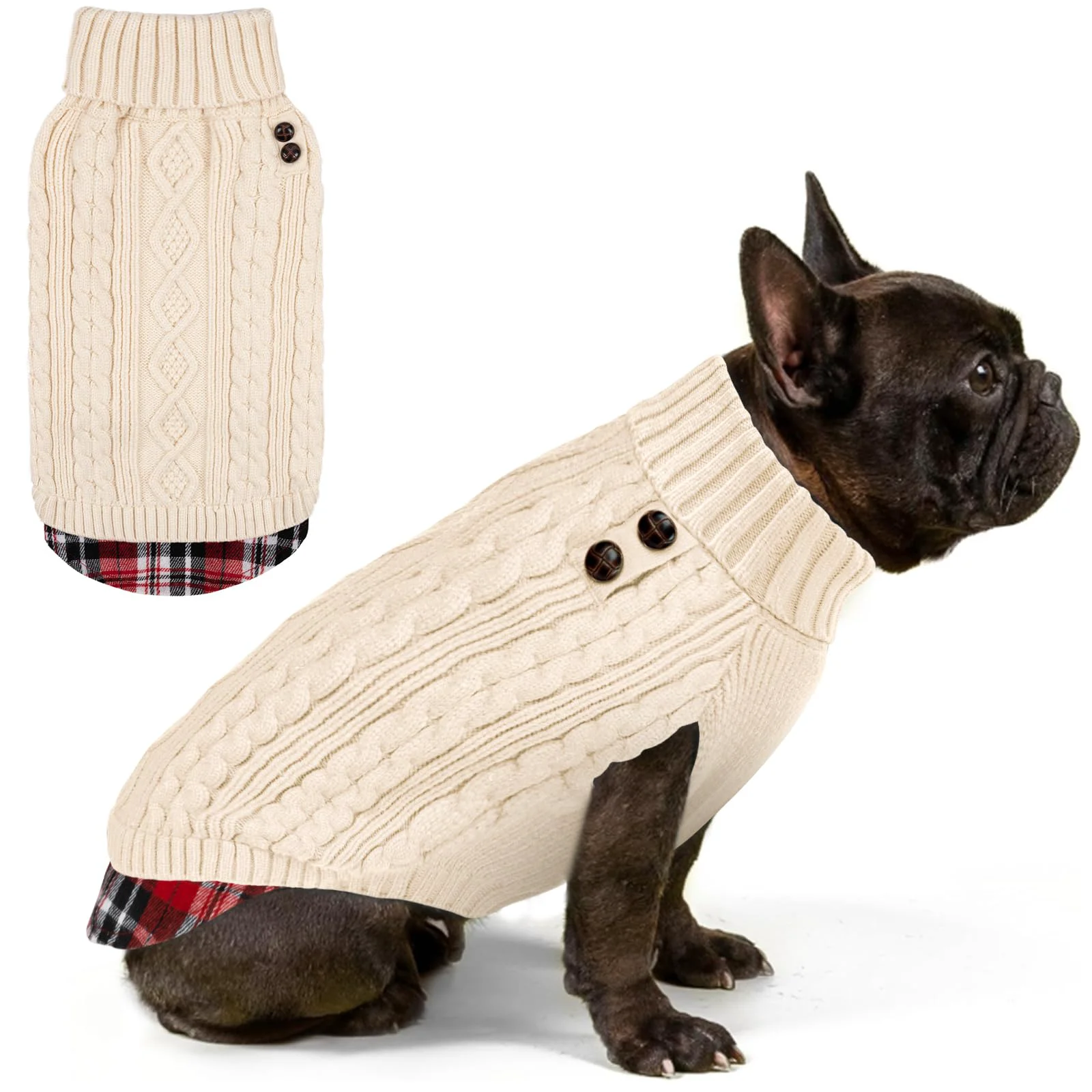 First-Class KYEESE Dog Sweater with Turtleneck Gingham Patch Cozy Knitwear for Small Dogs Specialty