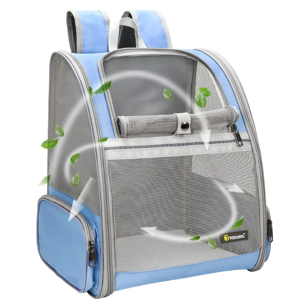 Refined Texsens Pet Backpack Carrier for Small Cats Dogs Ventilated Safe Collapsible Travel Carrier Blue Sustainable