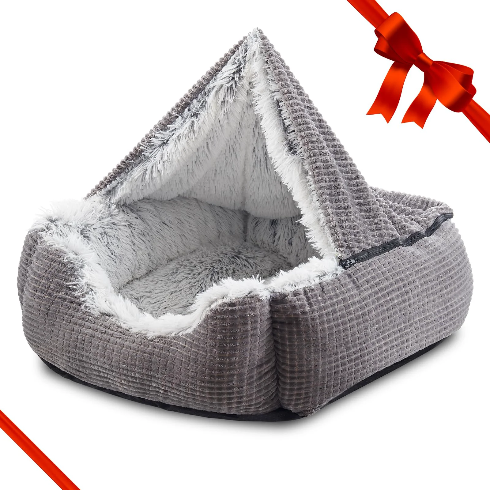 Comfortable MIXJOY 2 in 1 Rectangle Cave Dog Bed with Hooded Blanket — 25 Inch Grey Exclusive