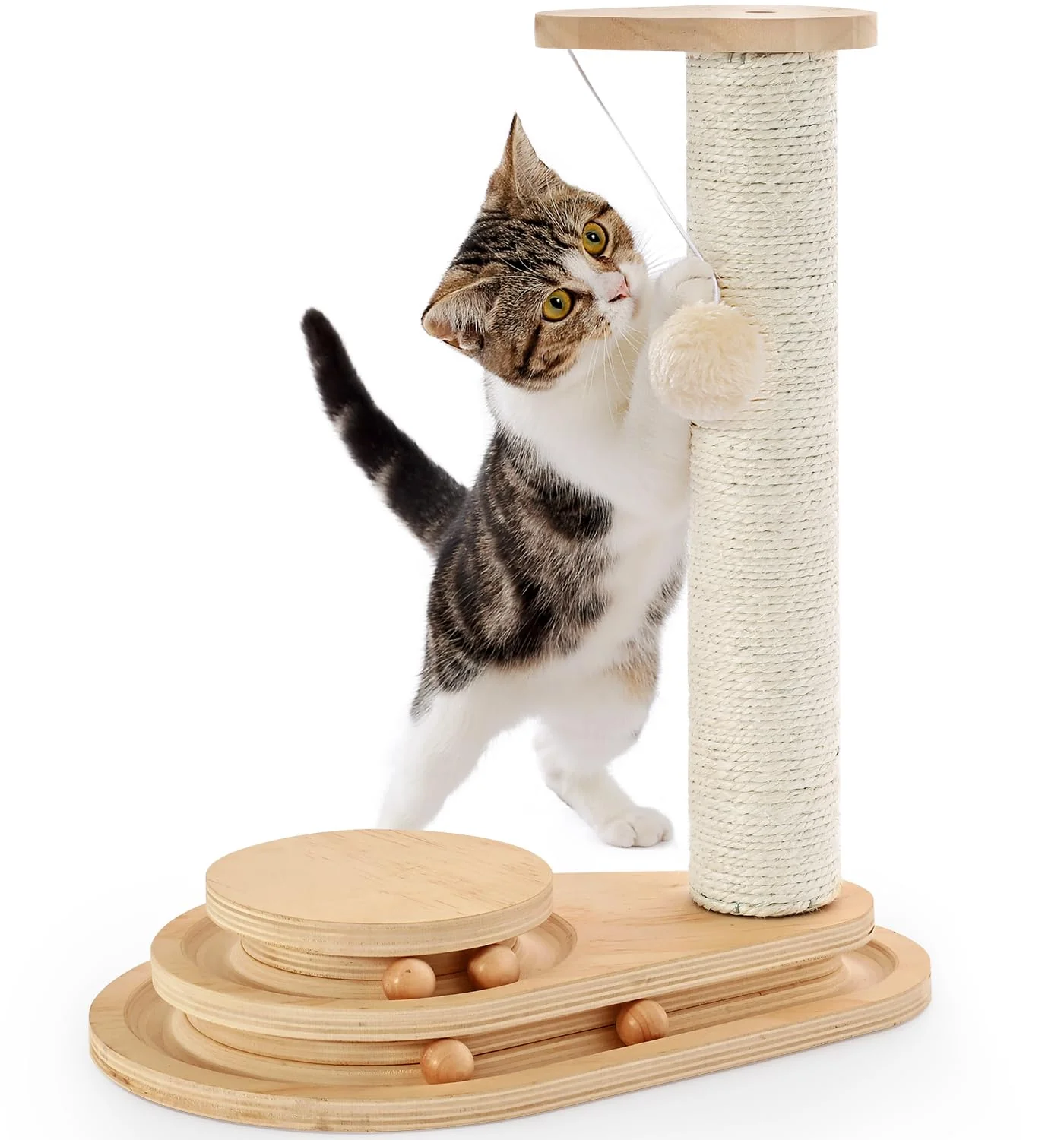 Expertly Made MADE 4 PETS Cat Scratching Post – 17.7-inch Wooden Ball Track Two-Layer Sisal Toy Breathable