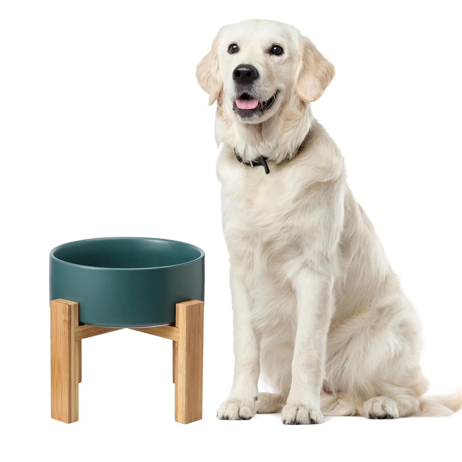 Prestigious HCHLQLZ d Ceramic Large Dog Bowl with Bamboo Stand – No Tip Over – 8.4-inch Diameter – 68 fl oz – Green Genuine