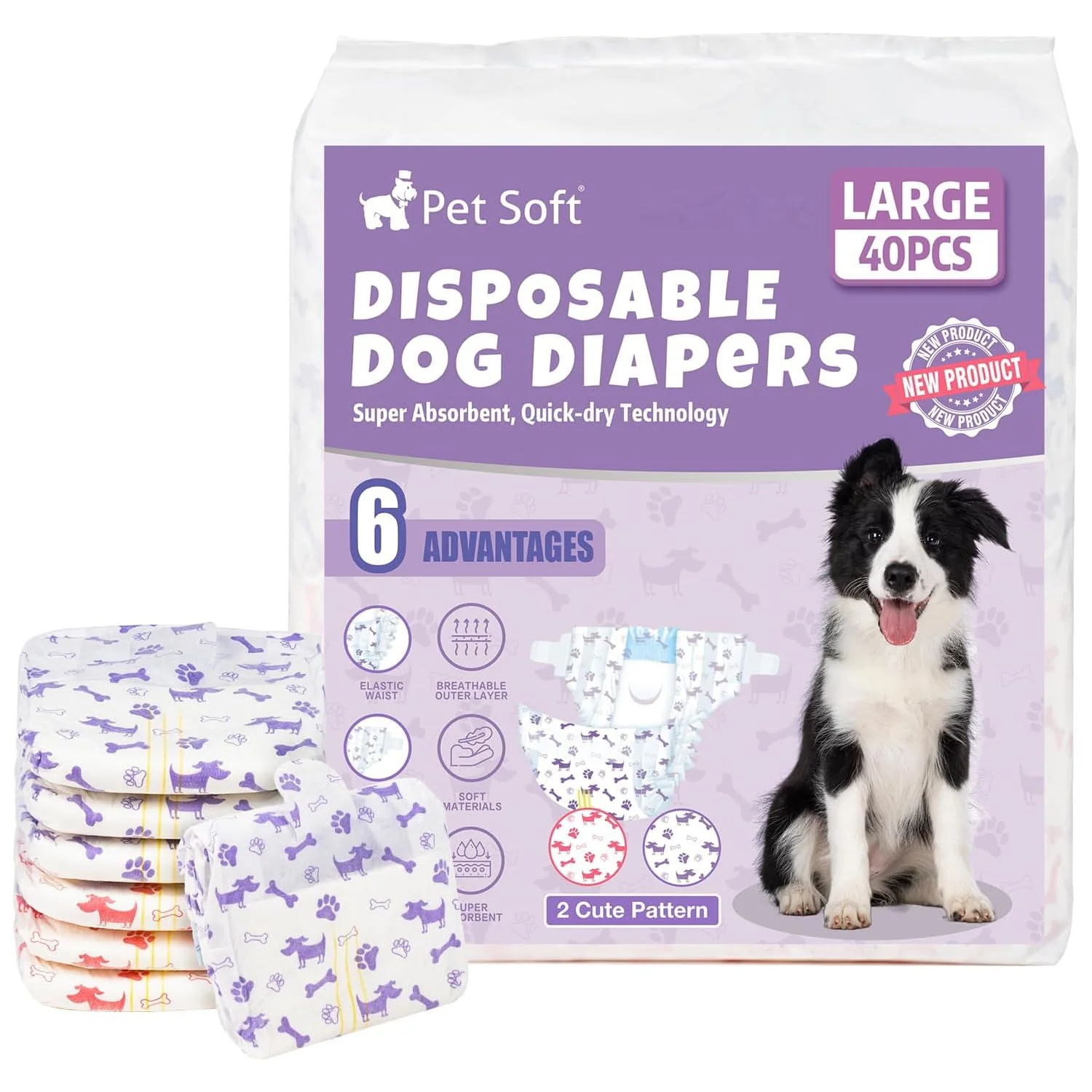 Premium Pet Soft Female Dog Diapers – Disposable Wetness Indicator 40 Count Size L Mixed Patterns High-Grade