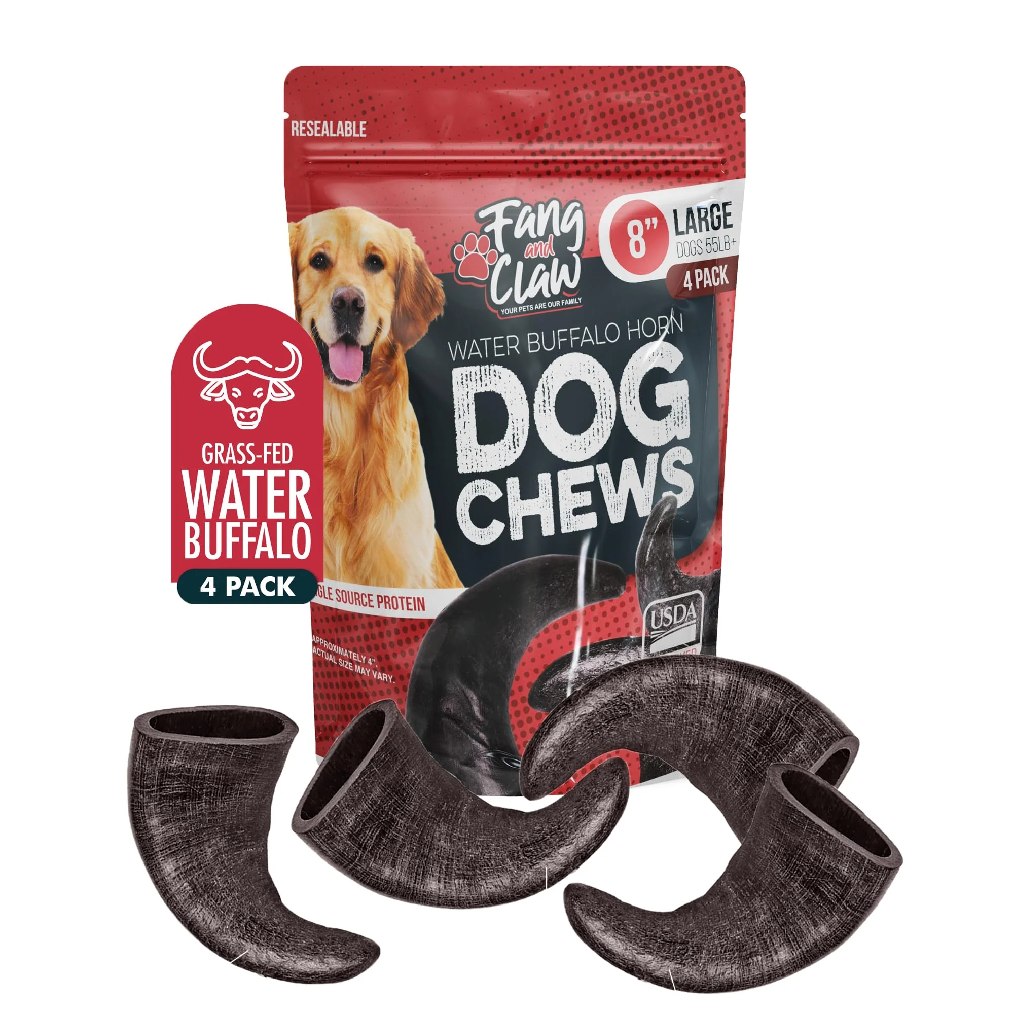 Environmentally Friendly Fang Claw Water Buffalo Horn Dog Chew 4-Pack Large 8 – Range Grass-Fed No Additives Prestigious