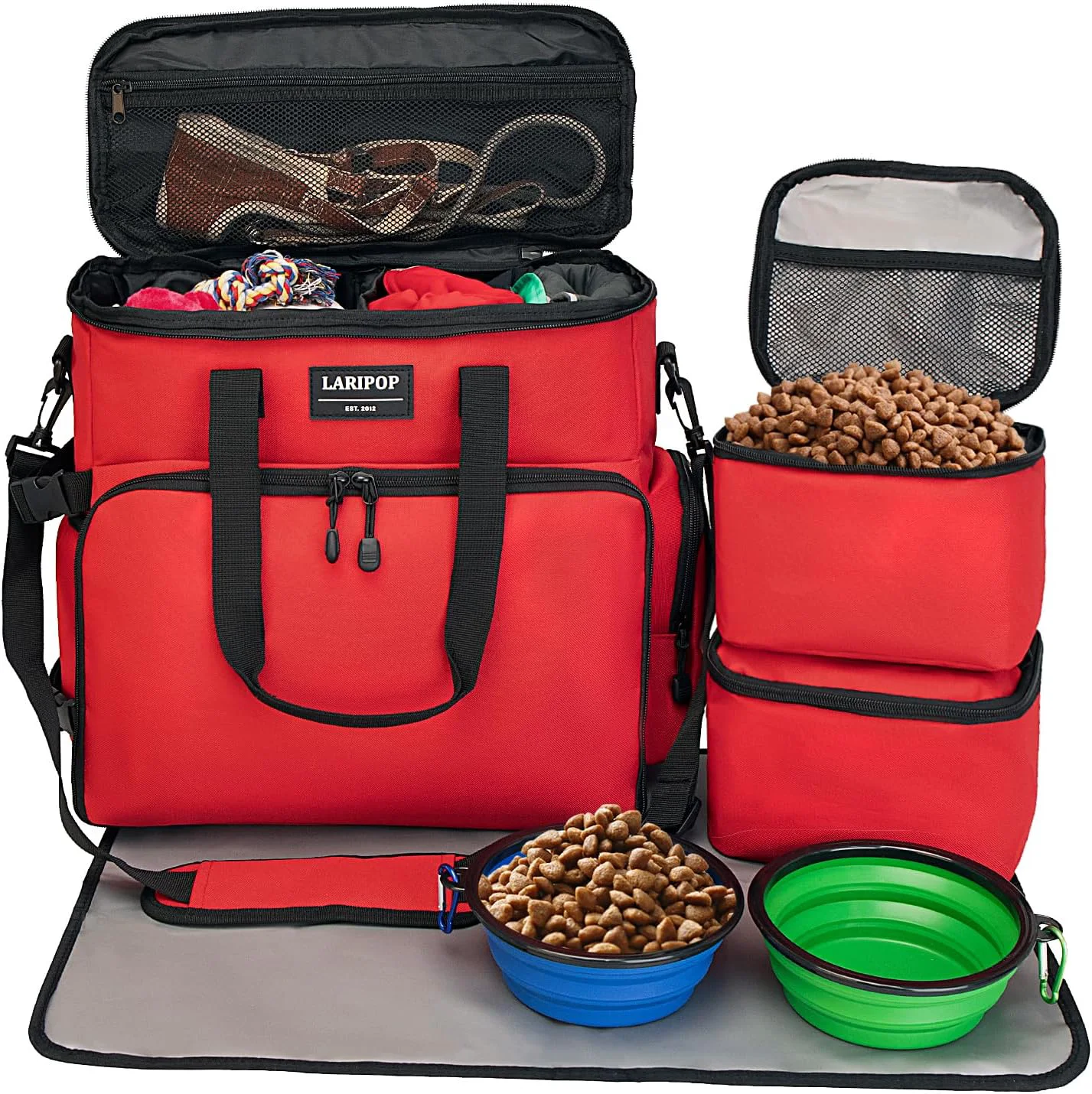 Powerful Dog Travel Bag Weekend Pet Travel bag Set for Dog and Cat Airline Tote Multi-Function Bags for Traveling Include 2 Collapsible Bowls 2 Food Storage Containers 1 Feeding Mat Red Optimized