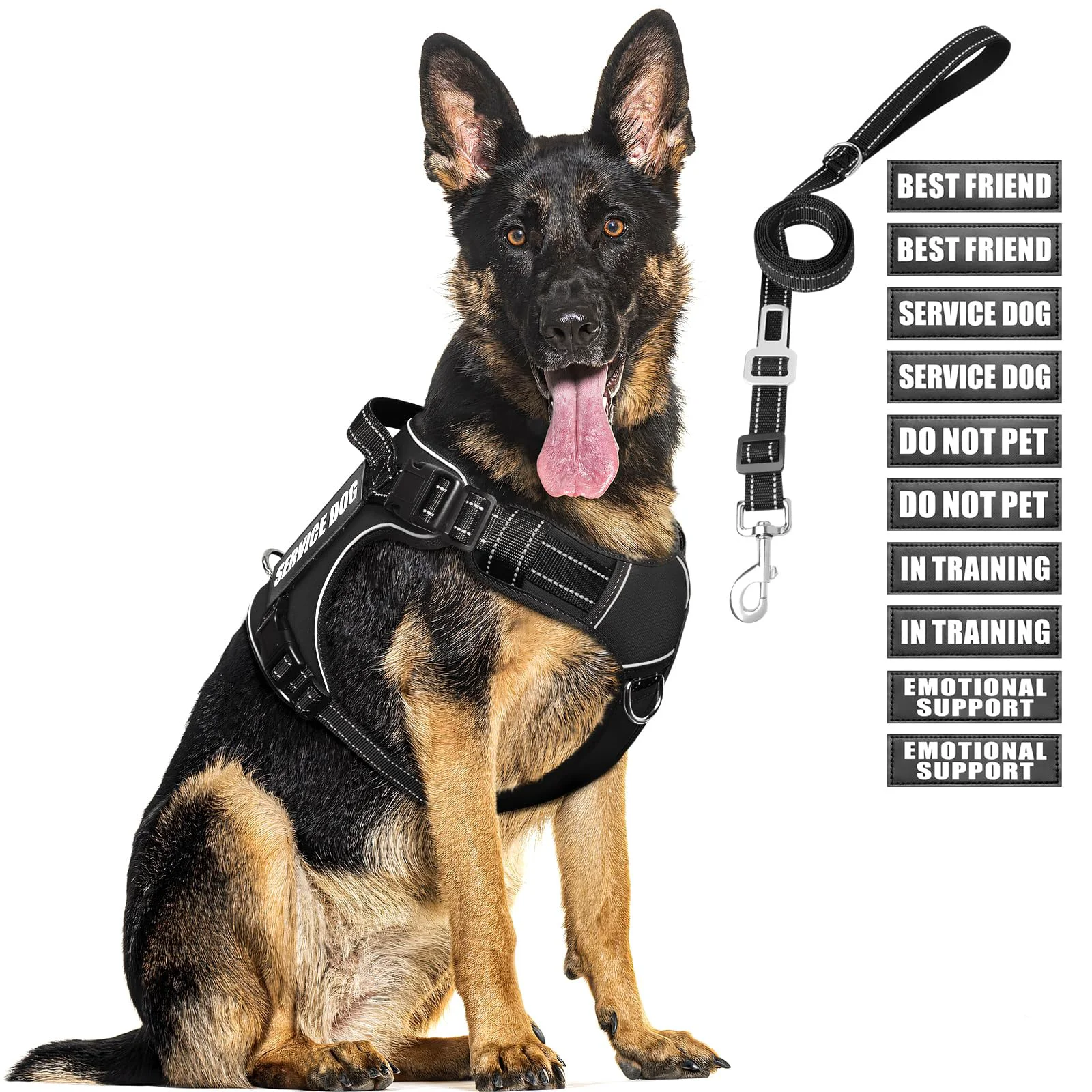 Dependable MOOGROU Tactical Dog Harness Leash Set for Large Dogs – Heavy Duty No-Pull Vest with Reflective Strips 5 Patches Car Seat Belt – XL Genuine