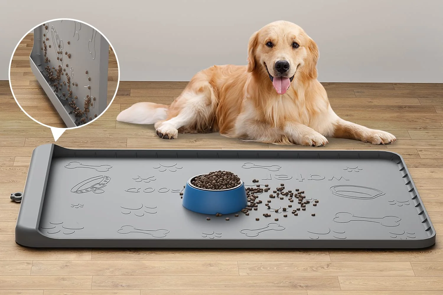 Unique Carry360 Dog Food Mat – Silicone 36×24 Large Waterproof Feeding Mat with Pocket High Edges Gray Fine