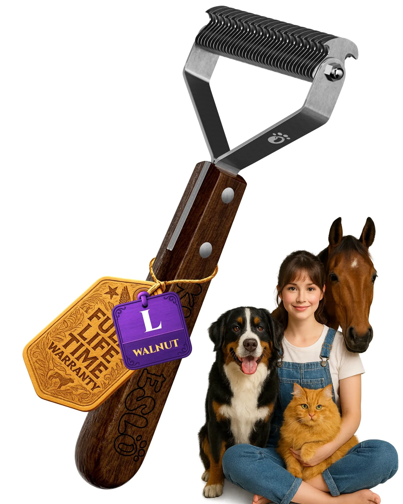 Advanced KIZO ESLO Large Dual-Sided Dog Cat Brush – Deshedding Dematting Tool with Walnut Handle Smart