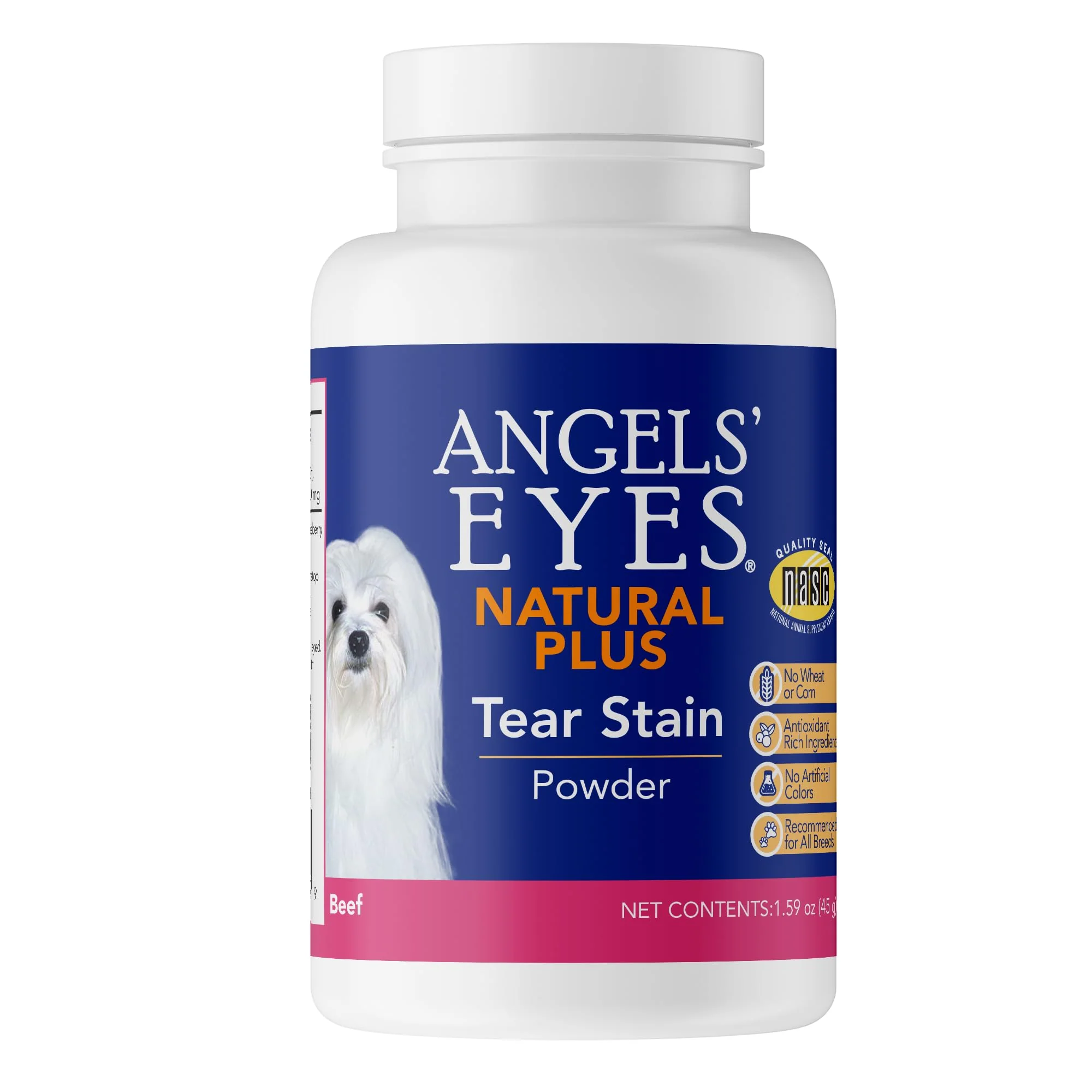 Next-Generation ANGELS’ EYES NATURAL PLUS Tear Stain Powder for Dogs — Beef Flavor No Wheat or Corn 45g Selected