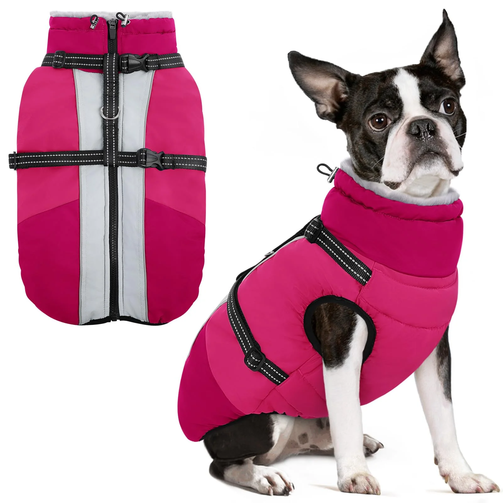 Detailed SUNFURA Small Dog Coat with Built-In Harness – Warm Waterproof Fleece Jacket Easy-to-Use