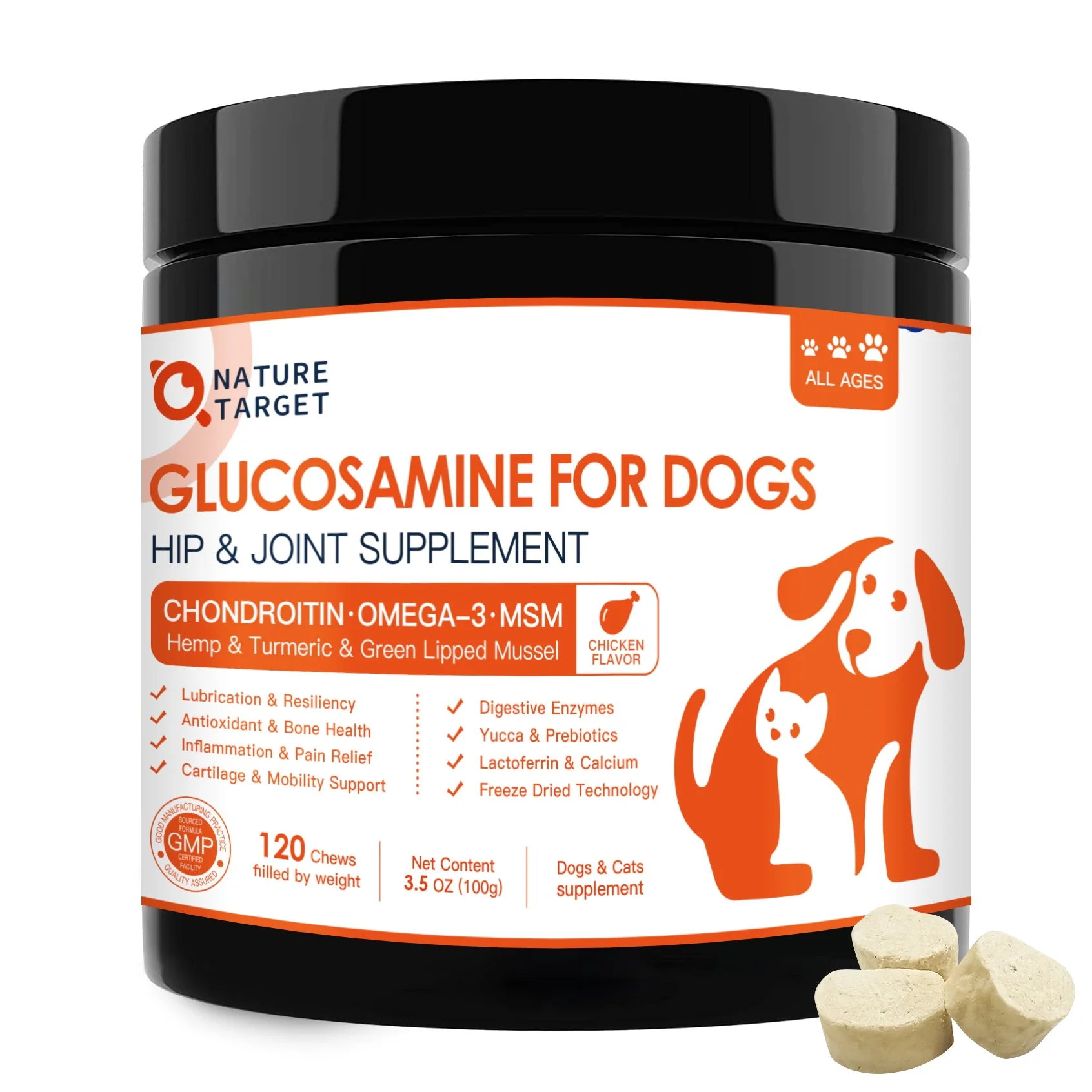Advanced Dog Cat Glucosamine HCl 250mg Chondroitin 100mg MSM 100mg Green Lipped Mussel 70mg Digestive Enzymes 50mg Chicken Flavor 120 Chews Official
