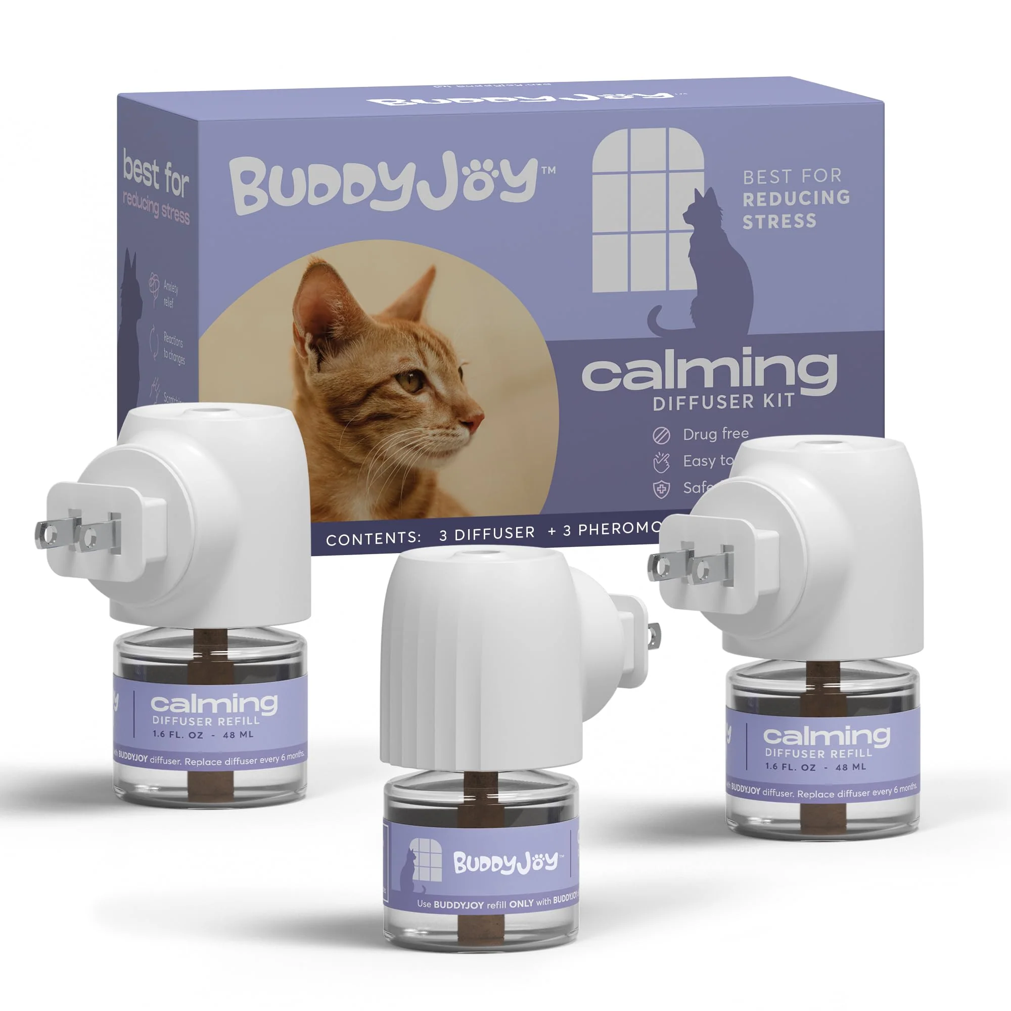 Crafted BUDDYJOY Cat Calming Diffuser Refills – 30-Day Formula 750 sq ft Coverage 3 Diffusers 3 Refills High-Quality