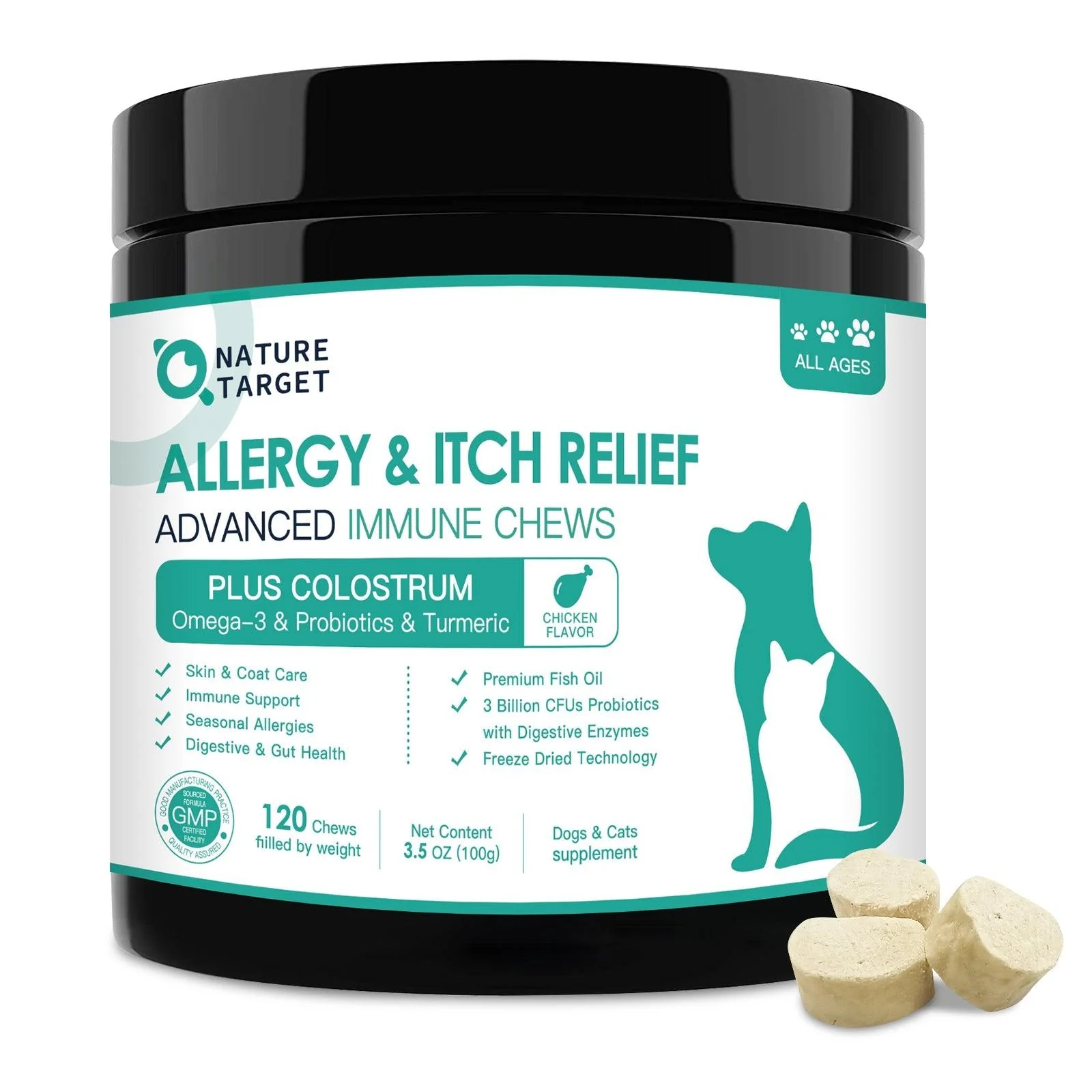 Original Design Dog Cat Allergy Itch Relief Chews Colostrum Probiotics 3B CFUs Quercetin Omega-3 Turmeric Apple Cider Vinegar Chicken Flavor 120 Chews Responsible