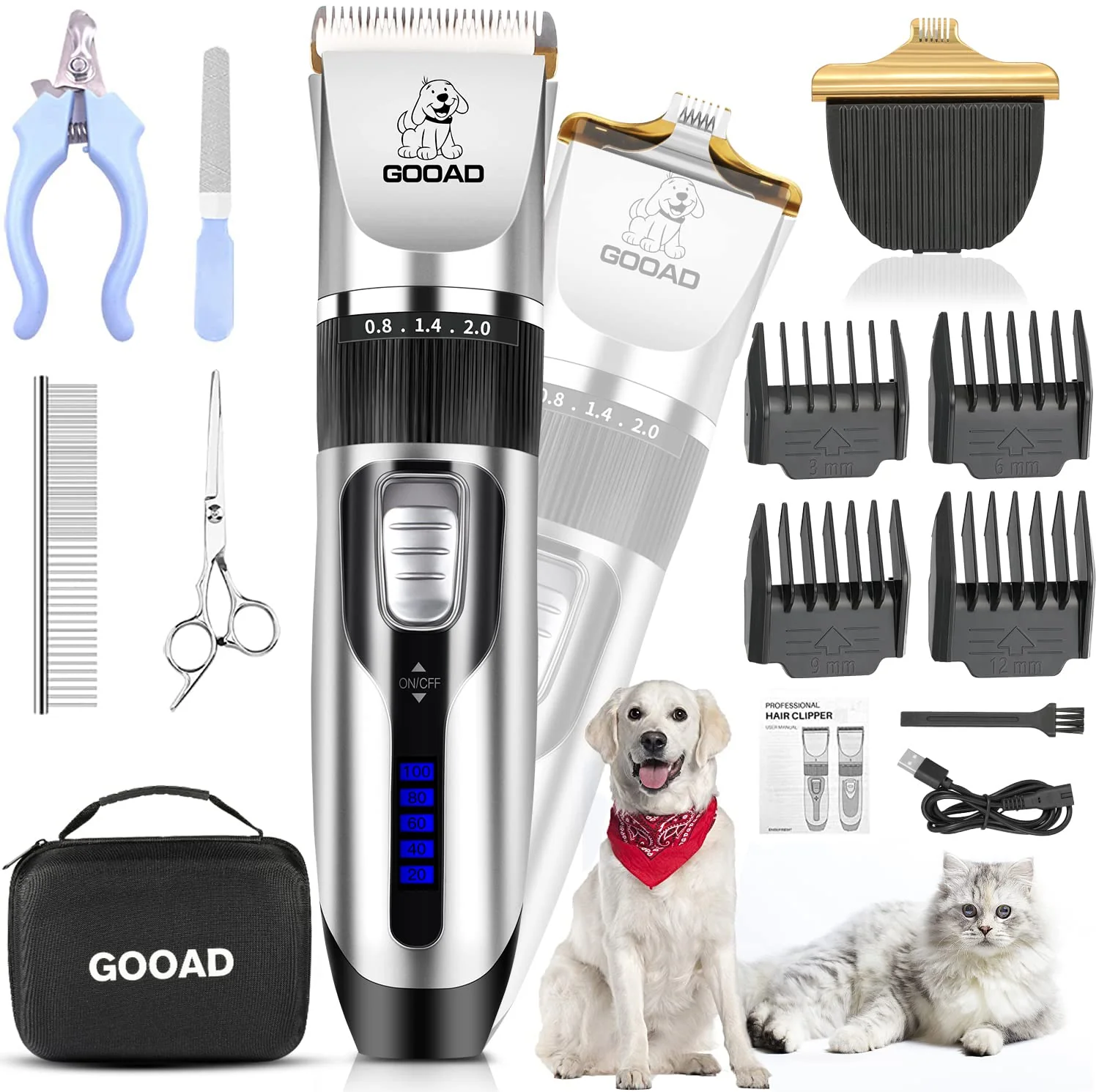 Premium Gooad Dog Clippers Grooming Kit Paw Trimmer – Cordless Low Noise Rechargeable Reliable
