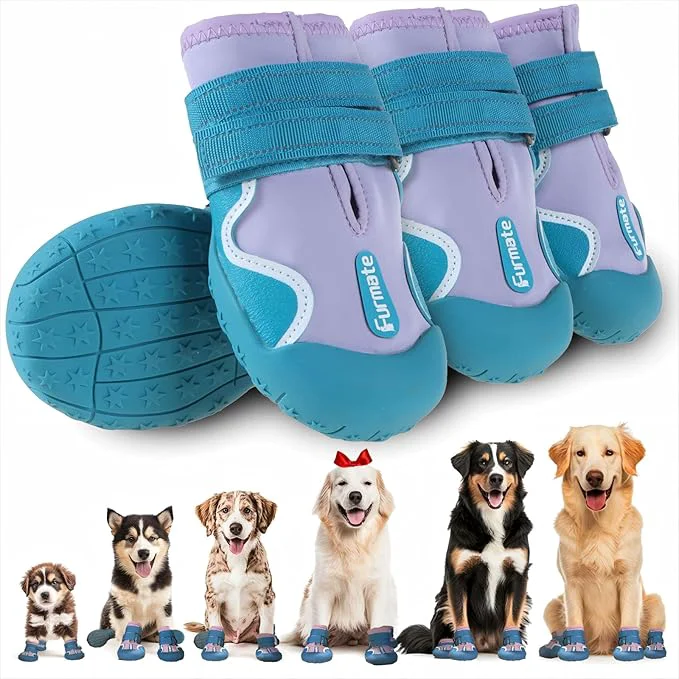 Proven Dog Shoes for Large Small Medium Dogs Dog Booties for Indoor Hardfloors Anti-Slip Reflective Strip Waterproof Dog Boots Paw Protectors for Outdoor Walking Hot Pavement Winter Snow Purple-3 About ThisOverview Certified