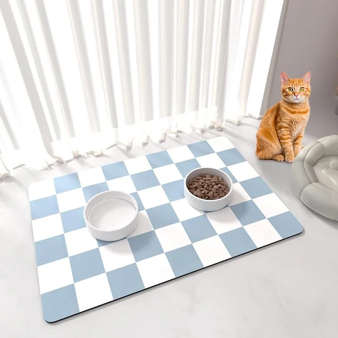 Lightweight Pet Feeding Mat Checkered Cat Bowl Mats Quick Dry Dog Water Dispenser Mats Sustainable