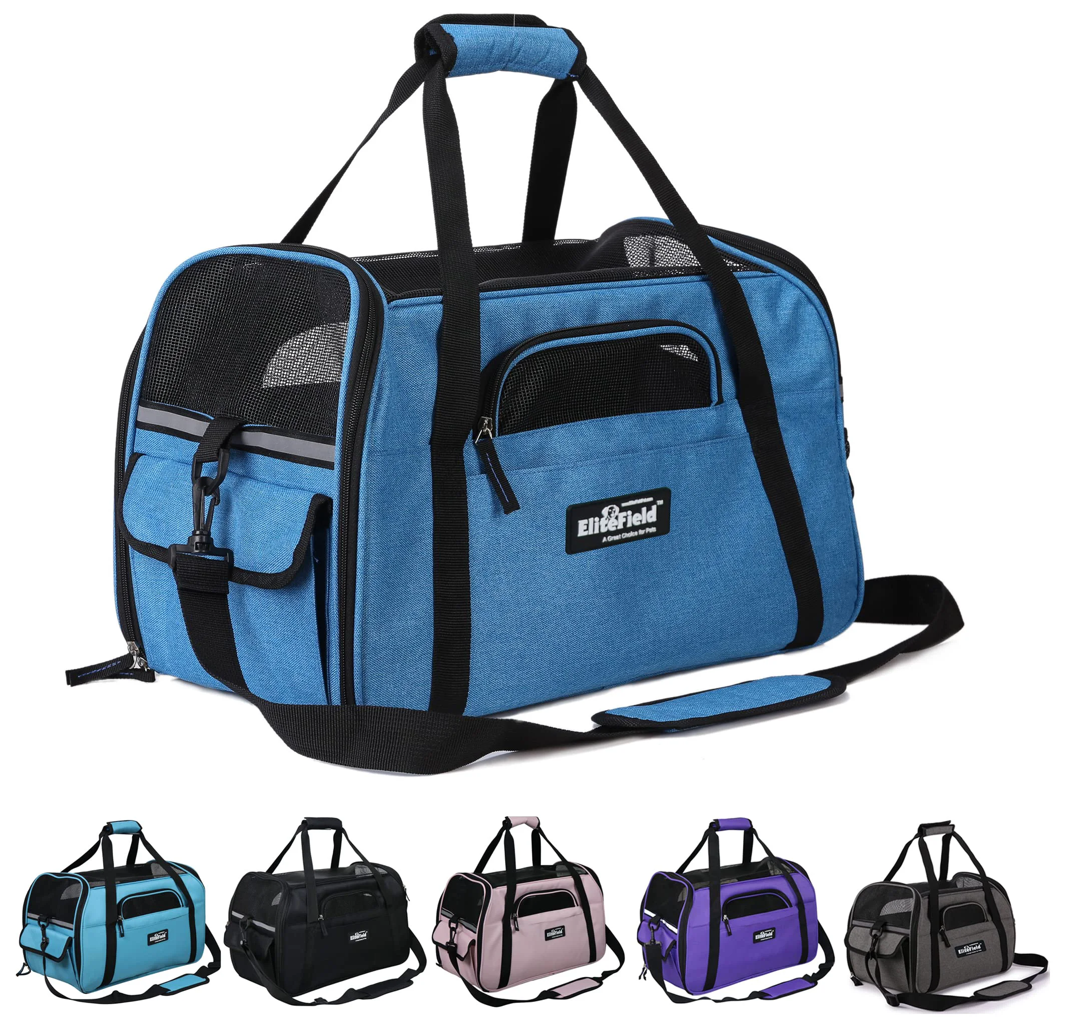 Green EliteField Soft Sided Pet Carrier – Airline 17in x 9in x 12in Sapphire Blue 3-Year Warranty Recyclable