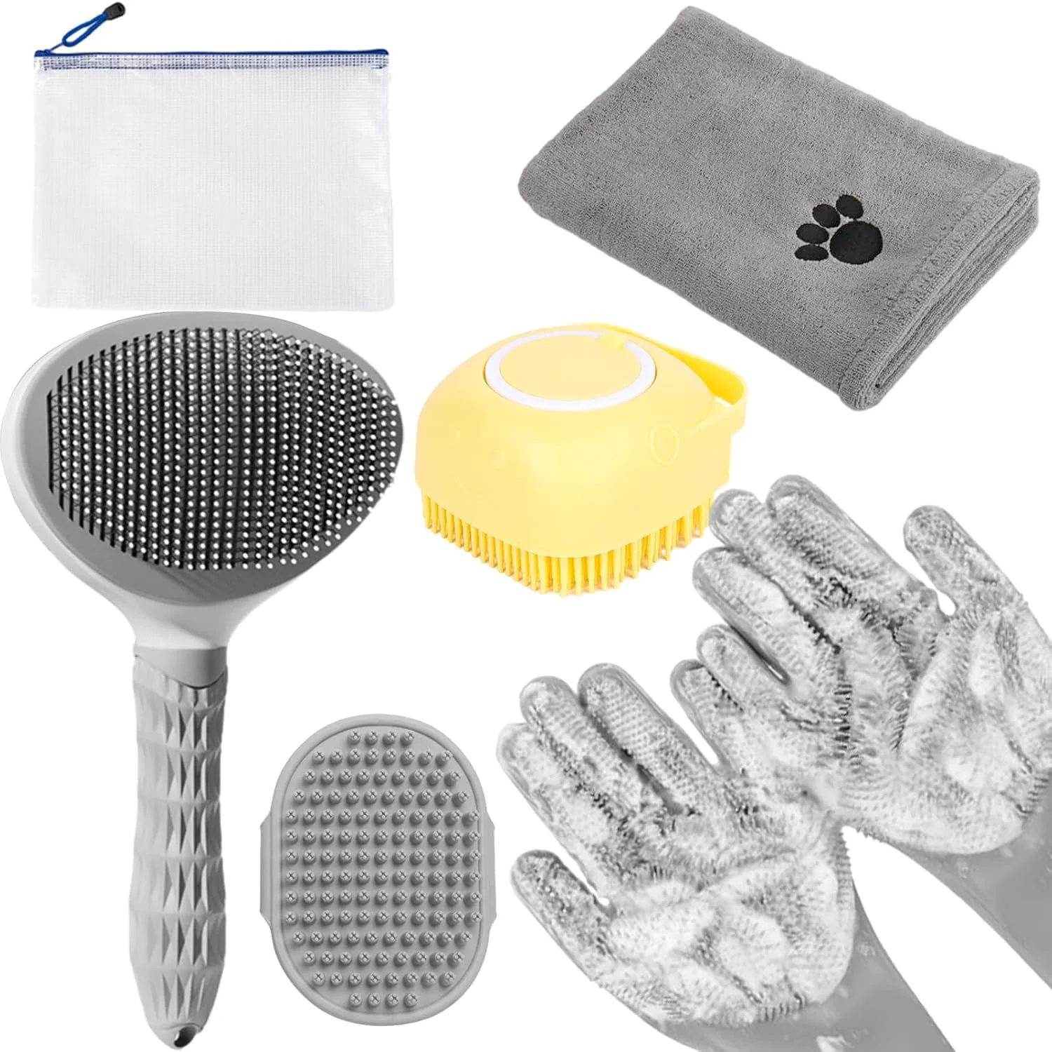 Traditional KUEIOX 6-in-1 Grey Pet Grooming Kit – Deshedding Brush Shampoo Scrubber Natural