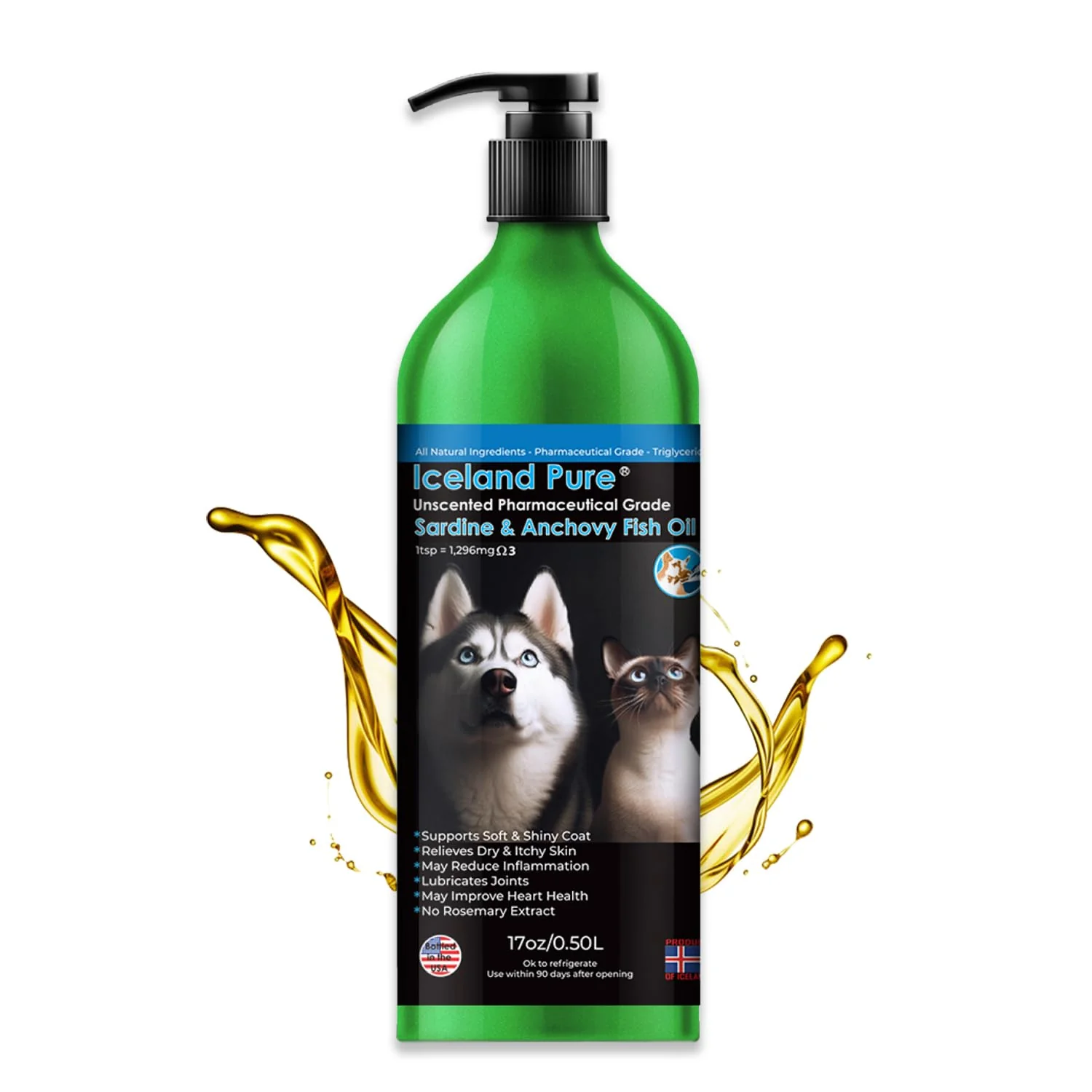 Official Iceland Pure Sardine Anchovy Oil for Dogs Cats – 1296mg Omega Unscented Pharmaceutical Grade 17 oz Pump Next-Generation