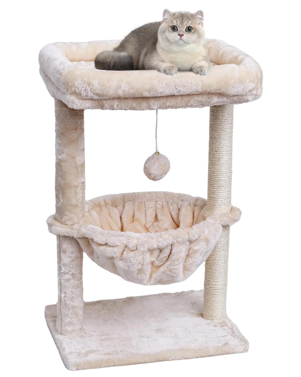 Secure SYANDLVY Small Cat Tree for Indoor Cats – Beige Cat Tower with Basket Scratching Posts Hanging Ball Artisan