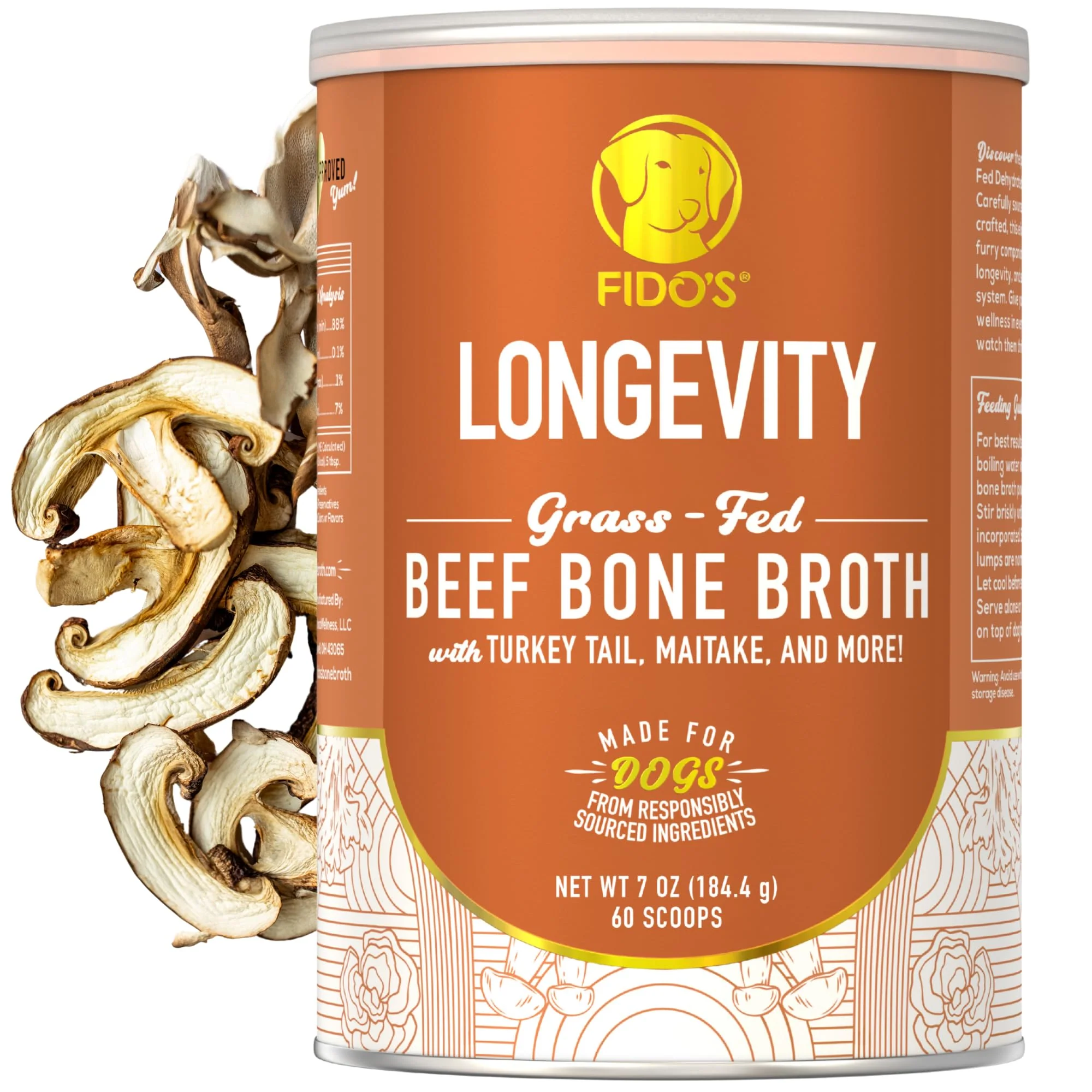 Functional Fido’s Longevity Bone Broth for Dogs – Turkey Tail Maitake Mushroom Grass-Fed Beef Bone Broth Powder Flexible