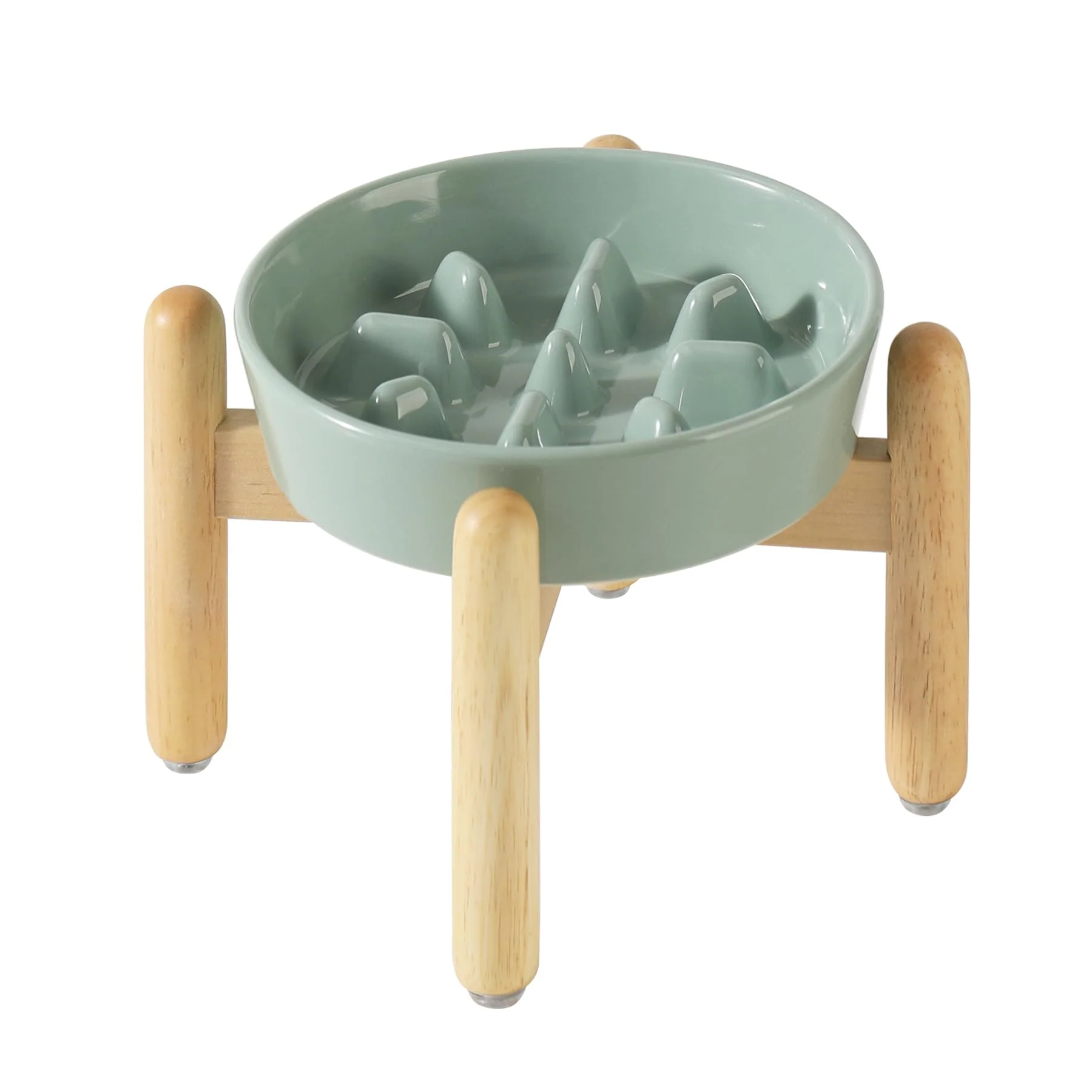 Stylish Havniva Ceramic 1.2 Cup Raised Slow Feeder – d Wooden Stand for Small Medium Dogs Light Green Detailed