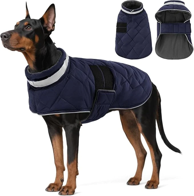 Organic Dog Winter Coat Warm Padded Puppy Jacket Windproof Water Resistant Clothes for Small Medium Large Pets Christmas Sweater Outfit Vest DarkBlue 2XL About ThisOverview Detailed