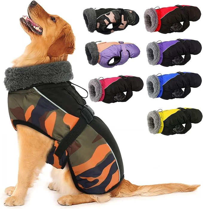 Fashionable IECOii Extra Warm Dog Coat – Adjustable Winter Jacket with Buckle Fleece Turtleneck Reflective Accents Orange Camo for Small to Extra Large DogsAbout ThisOverview Unique